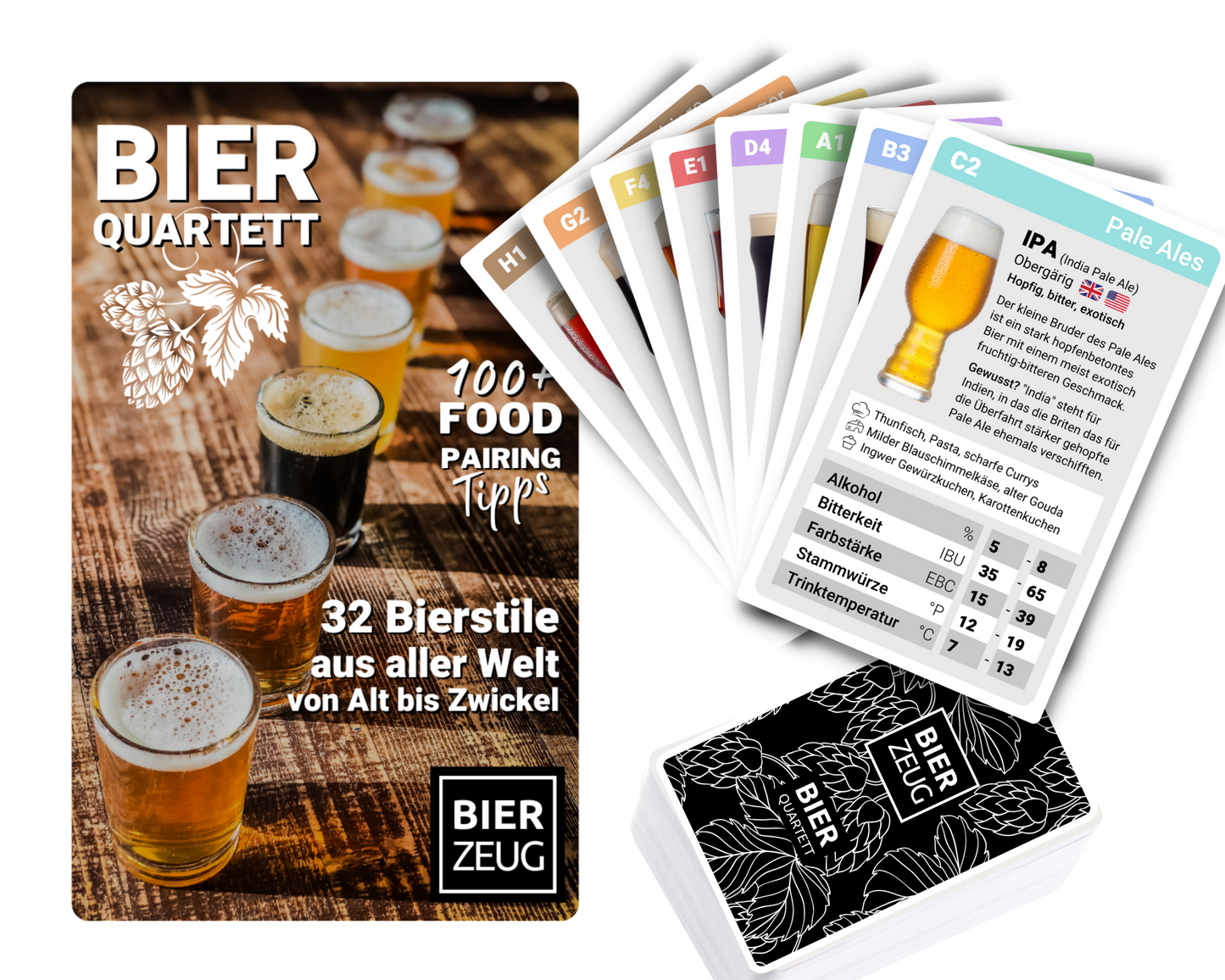 The beer quartet - 32 beer styles from all over the world from old to wit - 100+ food pairing tips - The classic card game for beer lovers