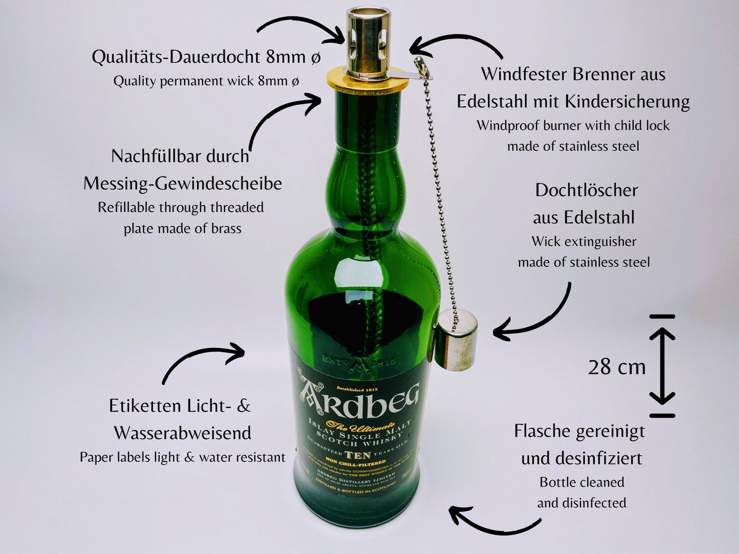 Whisky-Öllampe ”Ardbeg” | Handgemachte Öllampe aus Ardbeg Whsikey Flaschen | Upcycling | Individuell | Geschenk | Schottland | Deko
