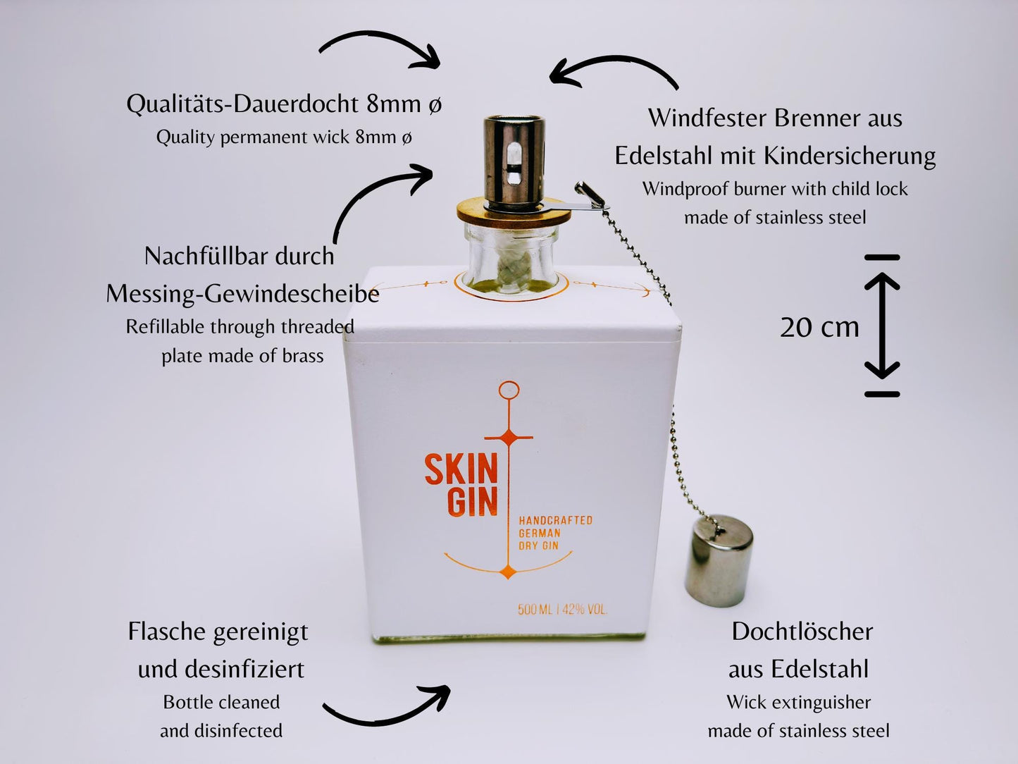 Gin oil lamp “Skin“ | Handmade oil lamp from Skin Gin bottles | Upcycling | Handcrafted | Individual | Gift | Decoration | H:20cm, 0.5l