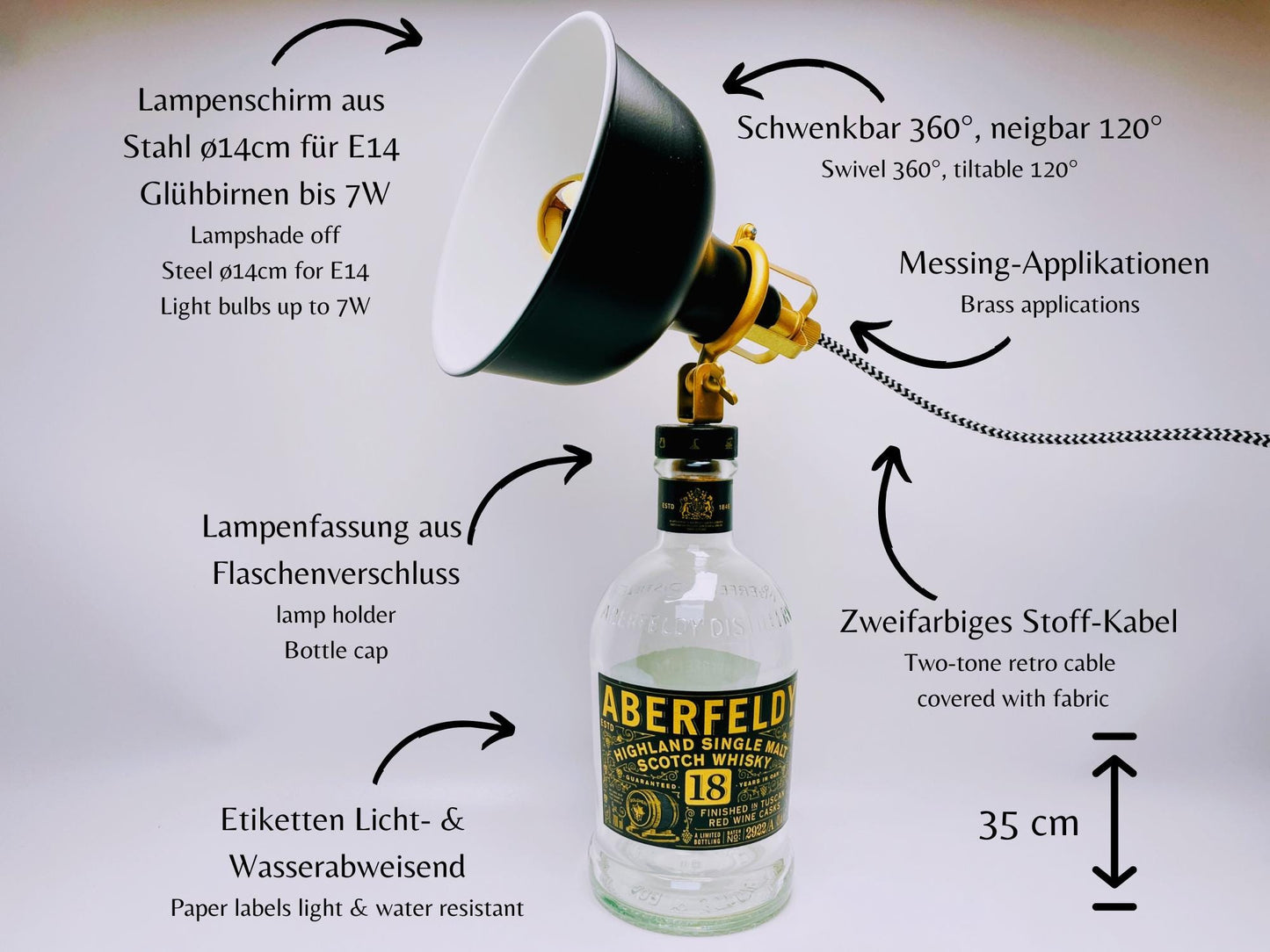 Aberfeldy Whisky Lampe | Handgemachte Upcycling Tischlampe aus Aberfeldy Whiskey | Einzigartige Geschenkidee | Deko-Licht | Schottland
