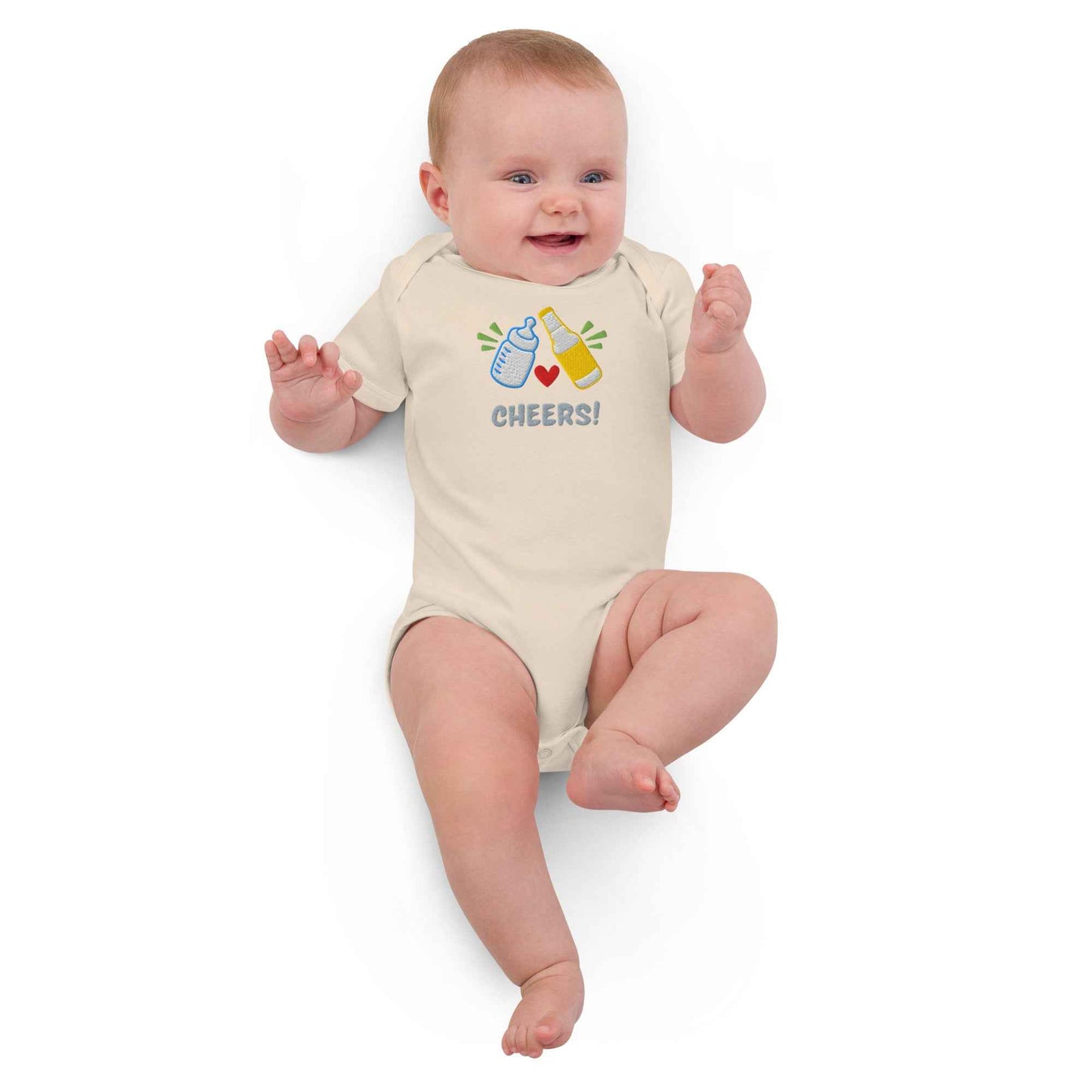 Baby Body mit Stick „Cheers!“ – Bio Baumwolle – Geschenk für neue Papas mit Bierliebe