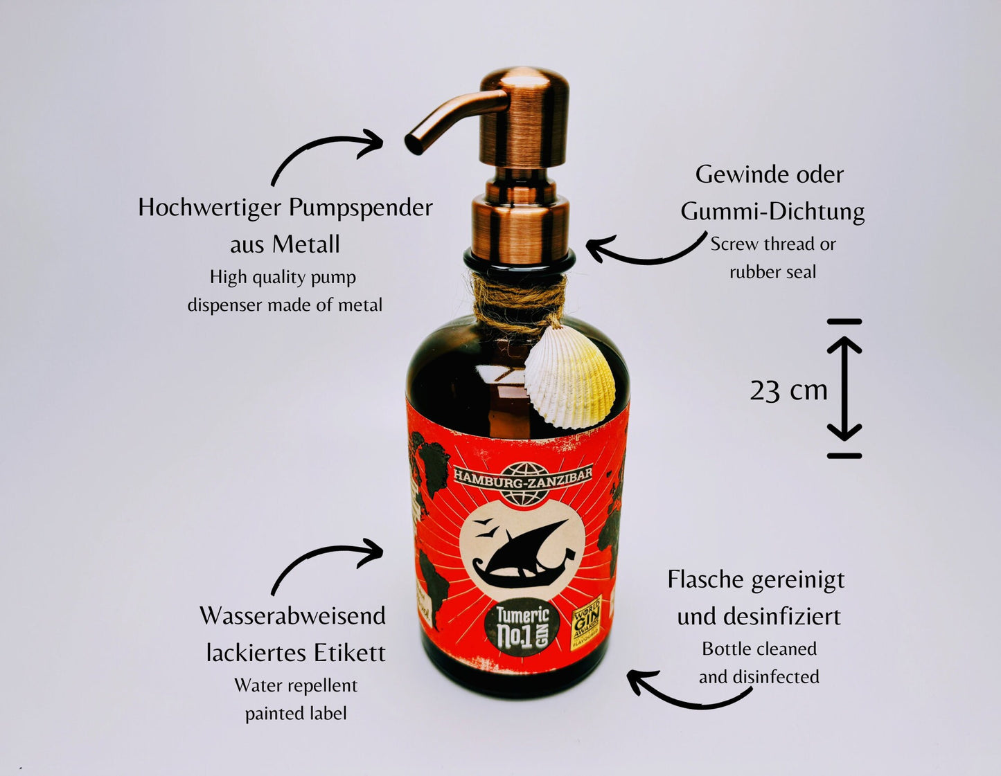 Gin-Seifenspender "Hamburg-Zanzibar" | Upcycling Pumpspender aus Gin-Flasche | Nachfüllbar mit Seife etc. | Bad Deko Geschenk Hamburg Afrika
