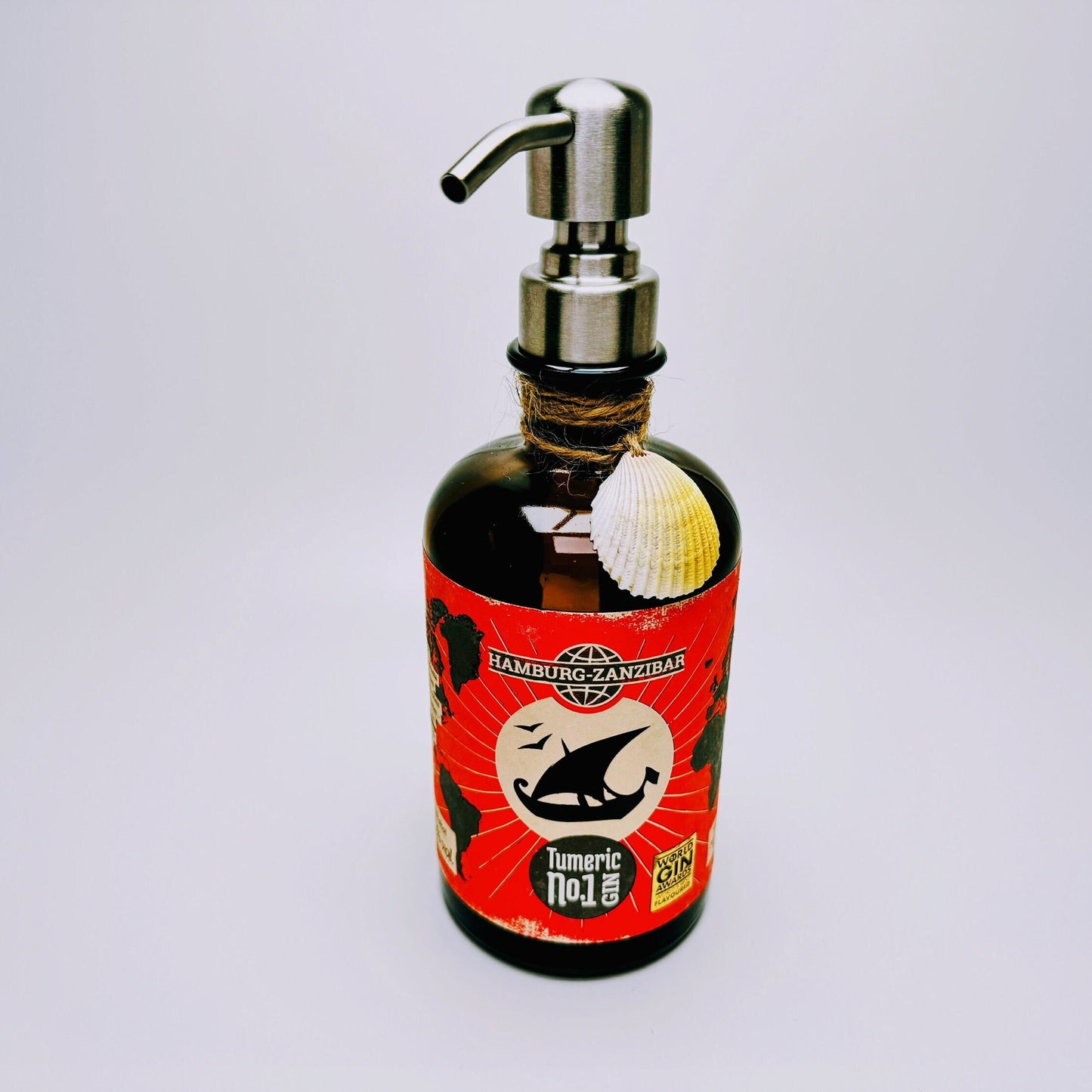 Gin-Seifenspender "Hamburg-Zanzibar" | Upcycling Pumpspender aus Gin-Flasche | Nachfüllbar mit Seife etc. | Bad Deko Geschenk Hamburg Afrika