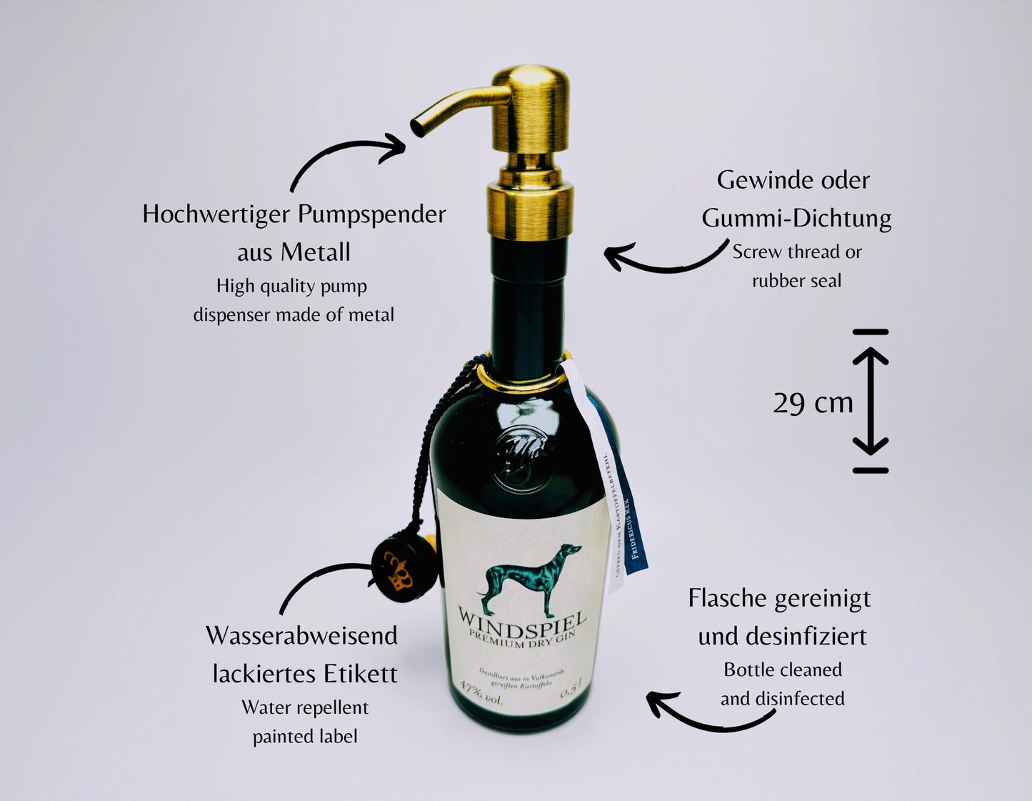 Gin-Seifenspender "Windspiel" | Upcycling Pumpspender aus Windspiel Gin Flaschen | Nachfüllbar mit Seife, Spüli | Bad Deko | Geschenk Eifel