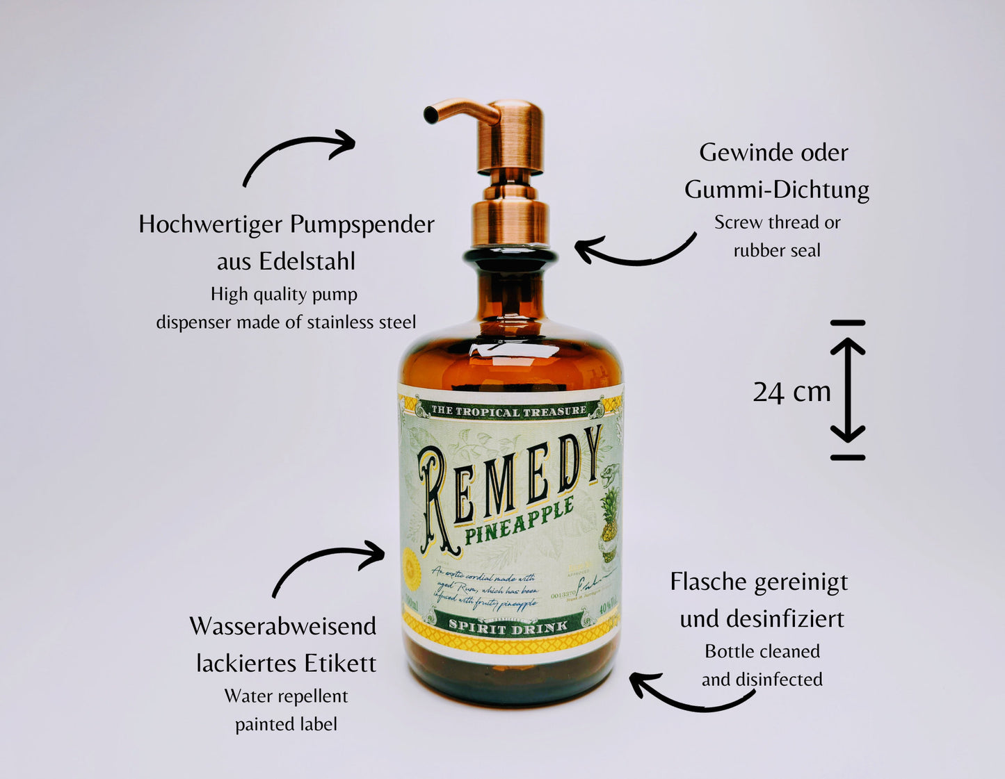Rum Seifenspender "Remedy Refresh" | Upcycling Pumpspender aus Remedy Rum Flasche | Nachfüllbar | Deko Bad | Karibik Geschenk | 700ml