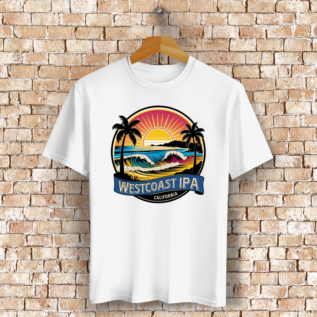 Westcoast IPA T-Shirt mit Strand, Palmen & Sonne – Bierliebe trifft Surf-Vibes - Bio-Baumwolle
