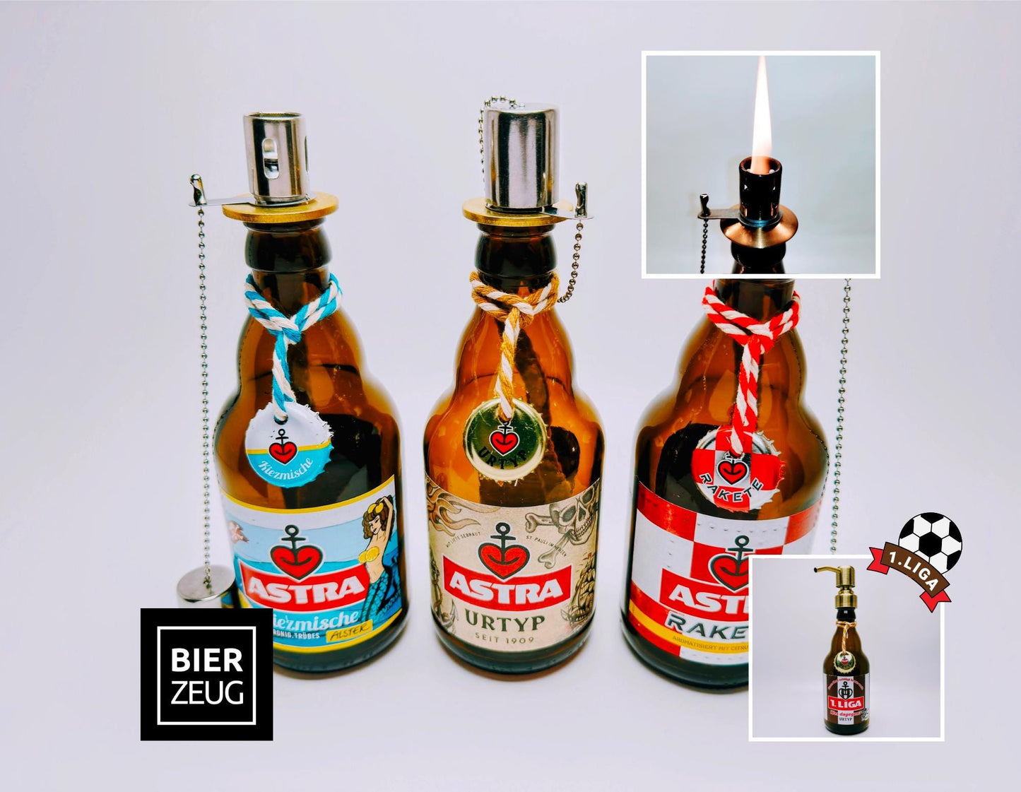 Astra-Öllampe ”Hamburger Nachtlicht” aus Astra Bier-Flaschen | Handgemachte Upcycling Gartenfackel | Geschenk für Hamburg & St. Pauli Fans