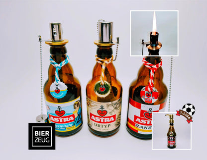 Astra-Öllampe ”Hamburger Nachtlicht” aus Astra Bier-Flaschen | Handgemachte Upcycling Gartenfackel | Geschenk für Hamburg & St. Pauli Fans
