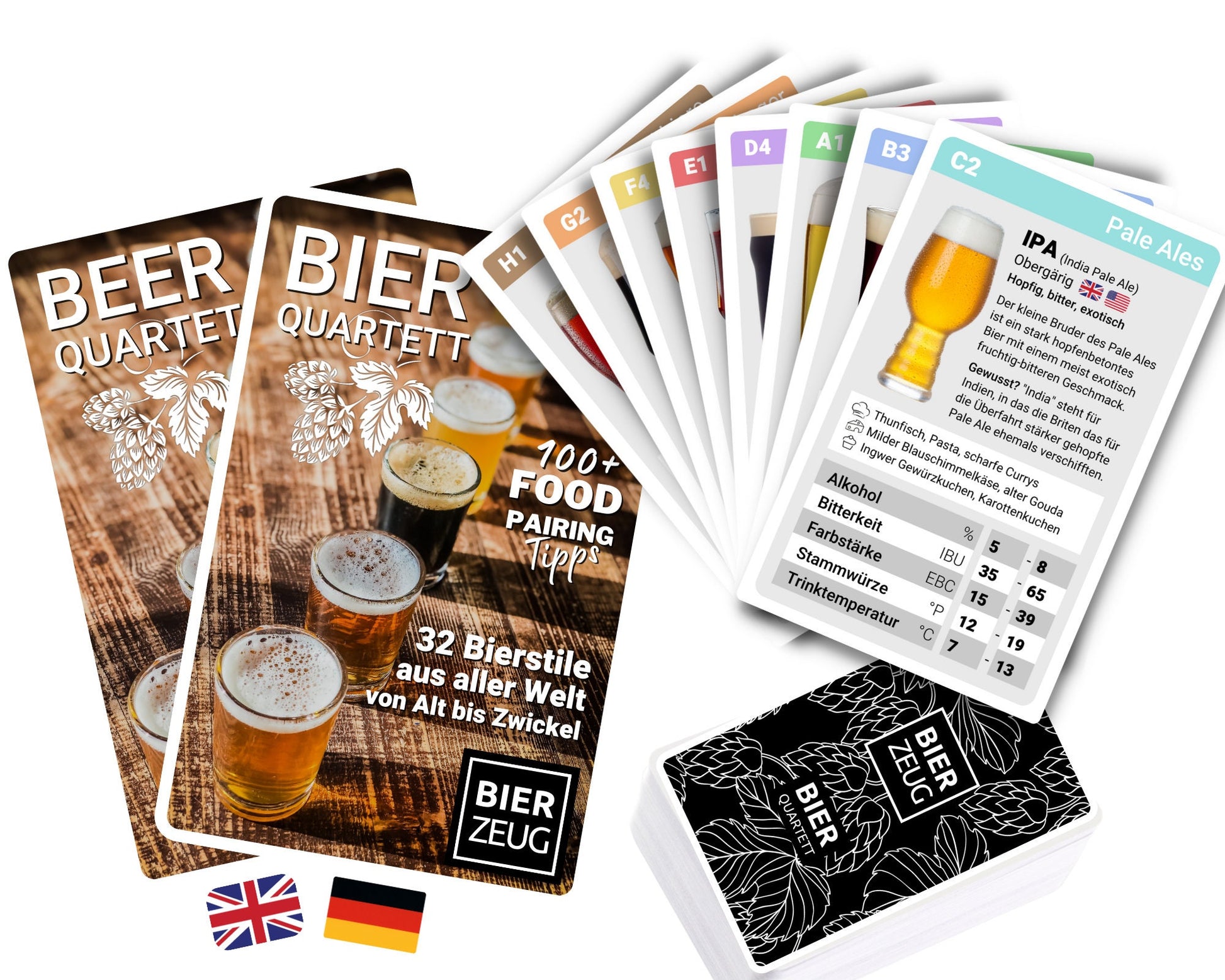 BIER-QUARTETT | Das ultimative Bier-Lernspiel mit 32 Bierstilen weltweit | Über 100 Food-Pairing-Tipps | Spaß für 2-4 Spieler | Biergeschenk