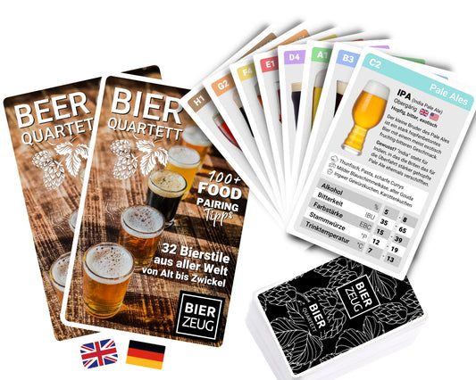 BIER-QUARTETT | Das ultimative Bier-Lernspiel mit 32 Bierstilen weltweit | Über 100 Food-Pairing-Tipps | Spaß für 2-4 Spieler | Biergeschenk
