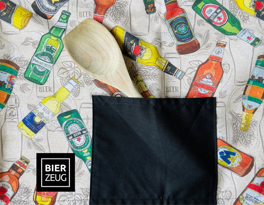Bier Schürze | Handgefertigte Grillschürze mit Bier-Flaschen-Motiv | Kochschürze aus Stoff | 93x55cm | Originelle Geschenkidee für Grillfans