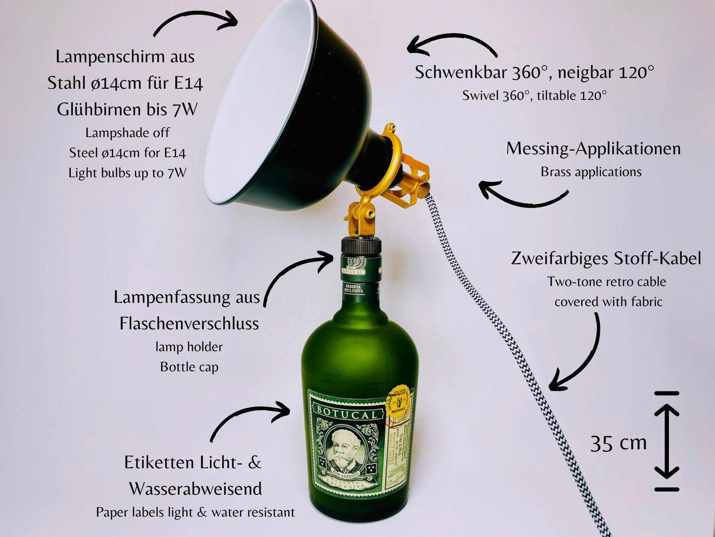 Botucal Rum Lampe | Handgemachte Upcycling Tischlampe aus Botucal Rum Flasche | Einzigartige Geschenkidee | Deko