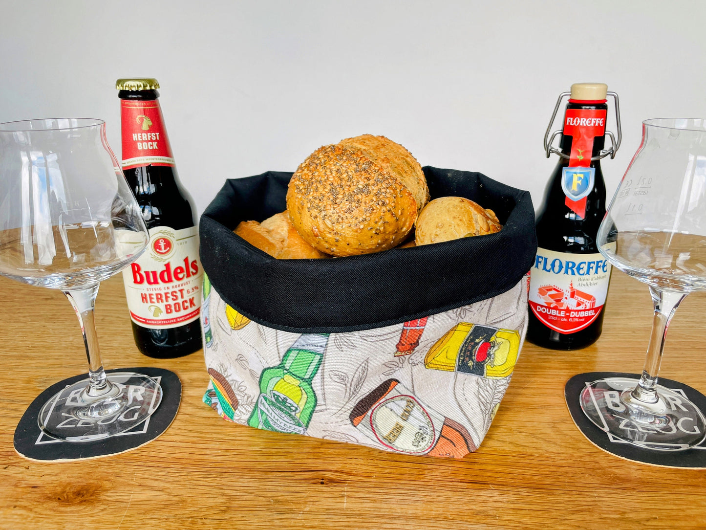 Brotkorb Bier-Motiv | Brotbeutel mit Bier-Flaschen-Design | Brötchentasche aus Stoff | Handgefertigt