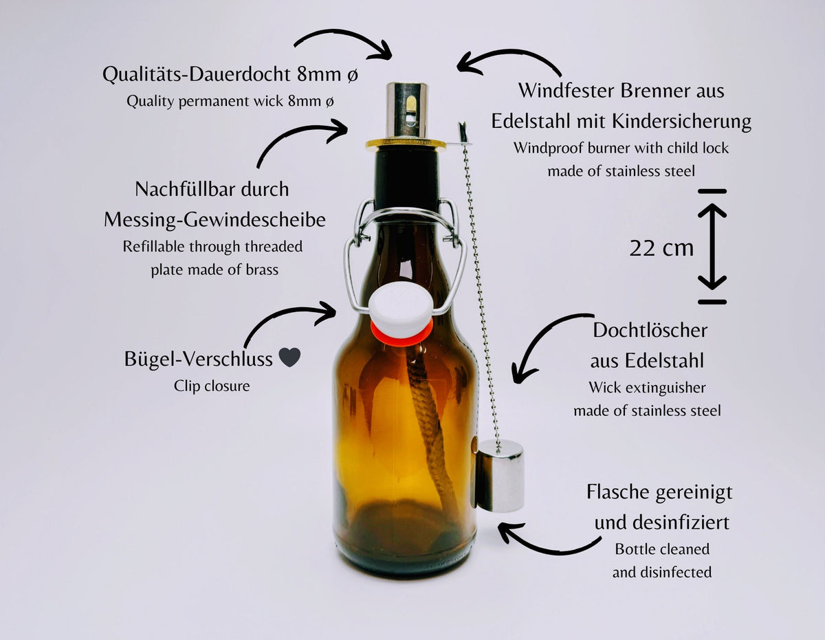 Bügelflaschen-Öllampe “Bügel Burner“ | Handgemachte Öllampe aus Bierflaschen | Ideal für Garten & Balkon | Perfektes Bierliebhaber Geschenk