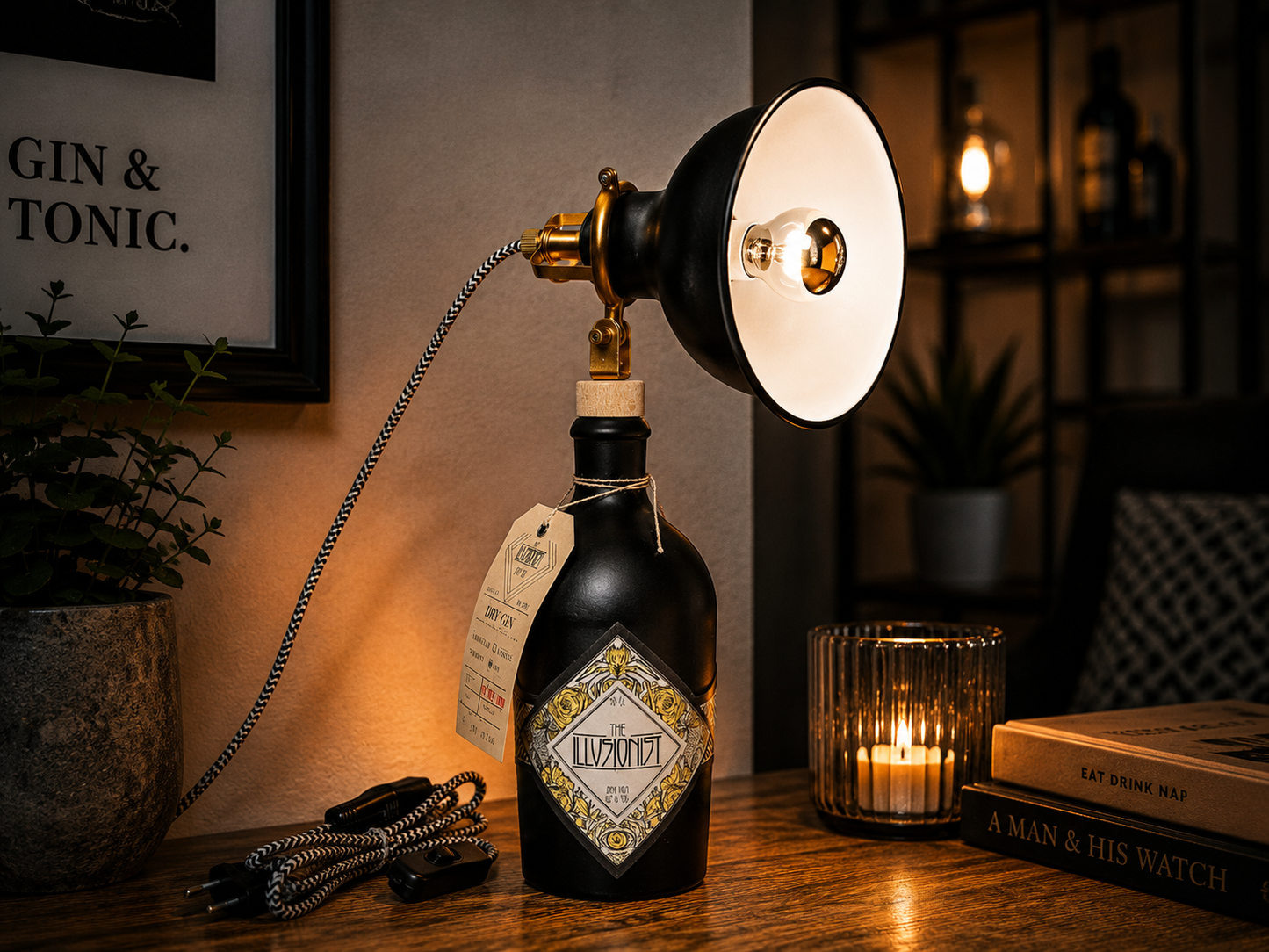 Gin Tischlampe aus echter Ginflasche – Handgemachte Design Lampe im Industrial Look – Upcycling Deko Lampe – Geschenkidee für Gin Liebhaber