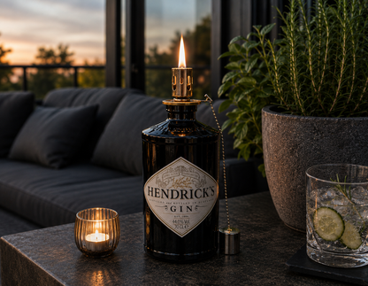 Gin Öllampe aus echter Ginflasche – Handgemachte Upcycling Lampe – Windlicht für Balkon & Garten Deko – Geschenkidee für Gin Liebhaber