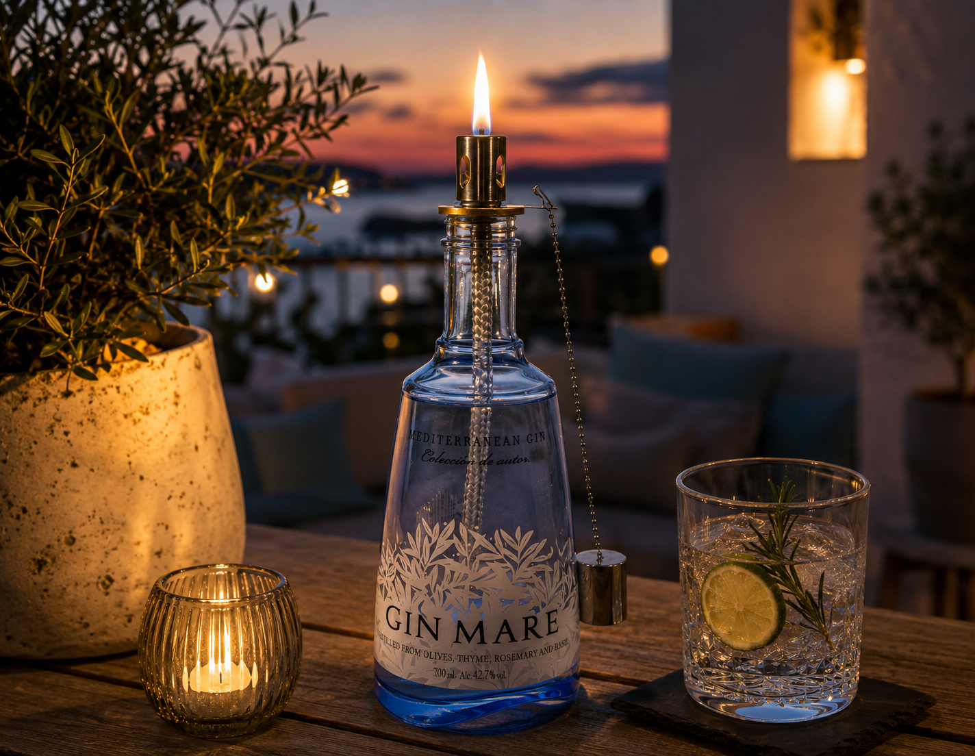 Gin Mare Vintage-Lampe | Handgemachte nachhaltige Tischlampe aus Gin Mare | Einzigartige Geschenkidee | Deko-Licht | Upcycling Leuchte