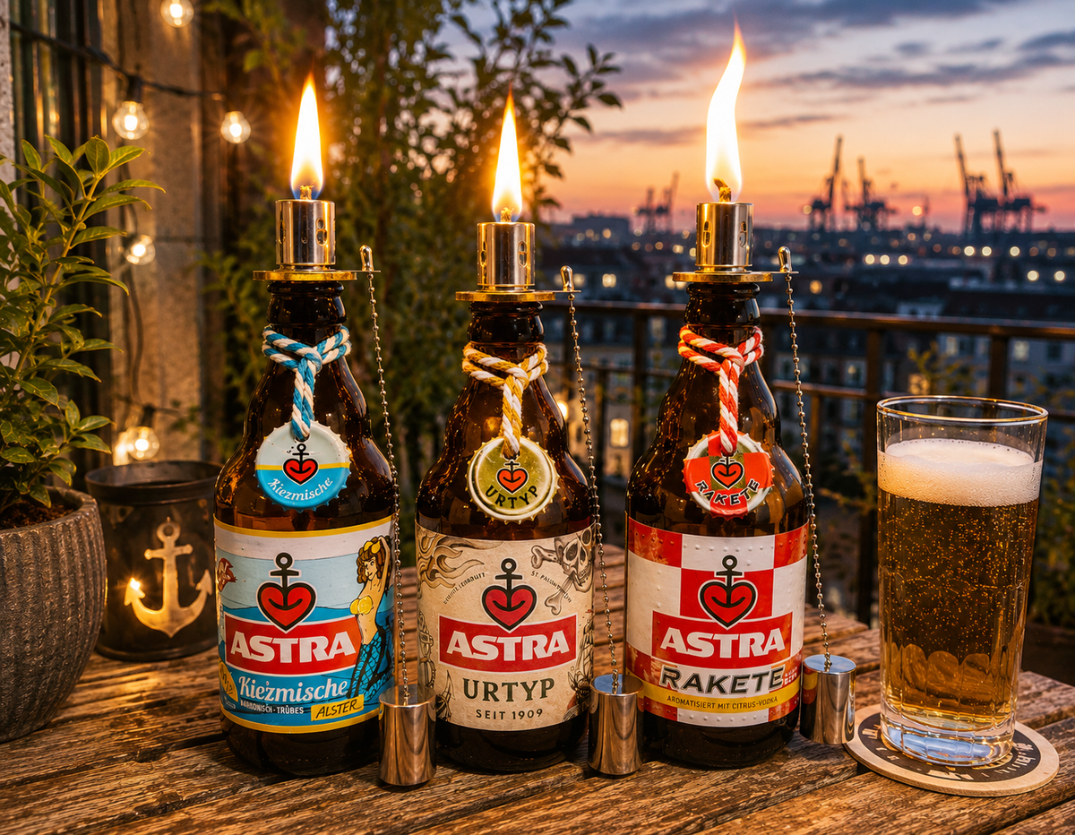 Astra Tischlampe aus echter Astra Bierflasche – Handgemachte Upcycling Retro Lampe mit warmem Licht – Geschenkidee für Hamburg St Pauli Fans