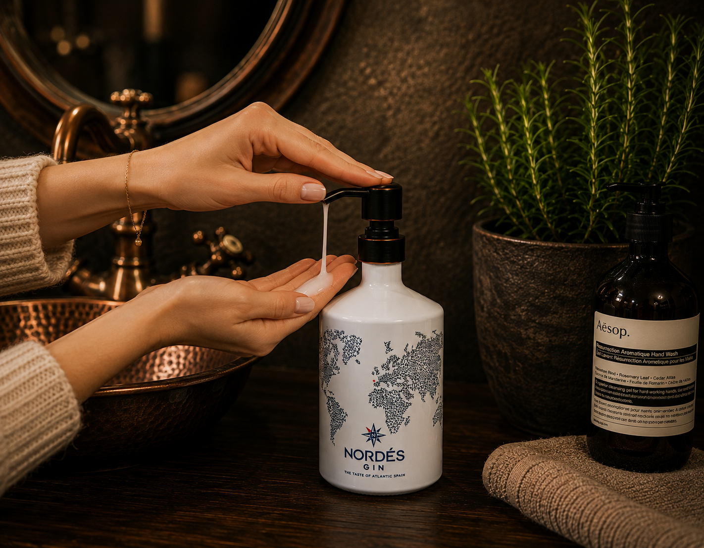 Gin soap dispenser "Nordes" | Upcycling pump dispenser from Nordes gin bottle | Refillable with soap, dishwashing liquid | Bathroom decoration | Gift Spain