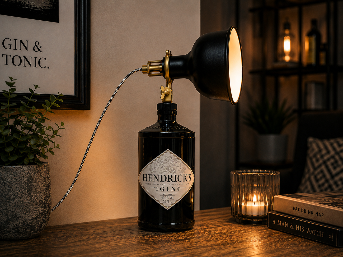 Gin Tischlampe aus echter Ginflasche – Handgemachte Design Lampe im Industrial Look – Upcycling Deko Lampe – Geschenkidee für Gin Liebhaber