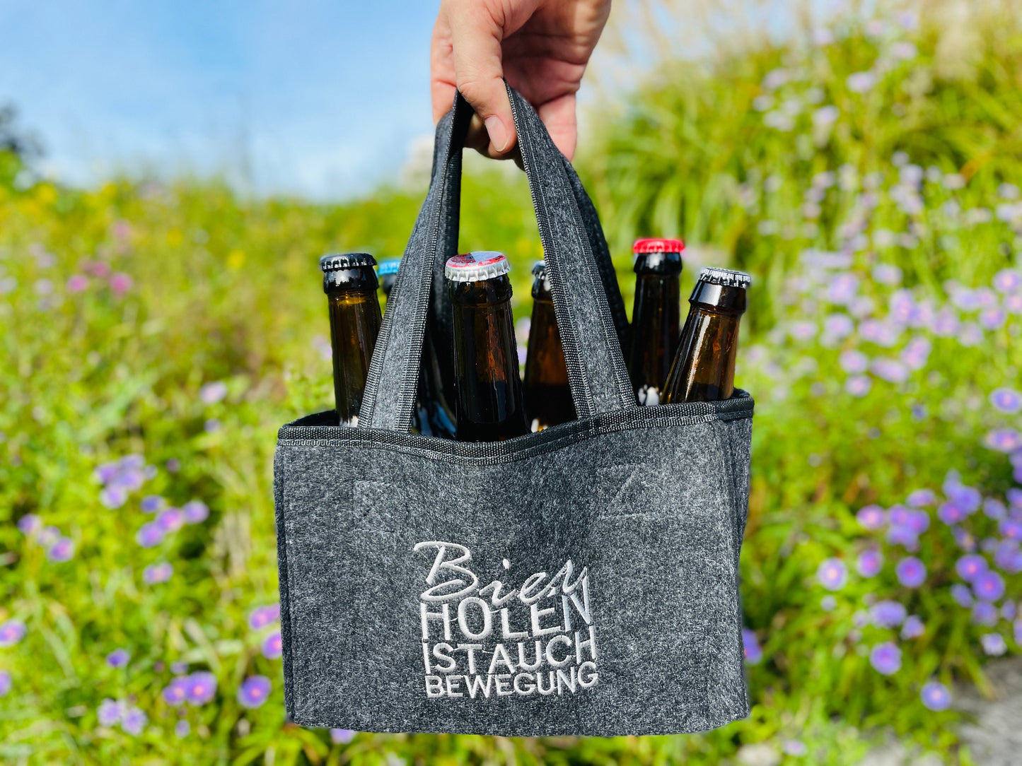 Flaschenträger “HopfenShopper” | Filz Männerhandtasche für 6 Bierflaschen | Sixpack Bierträger | Bierflaschenhalter | Vatertag Geschenk