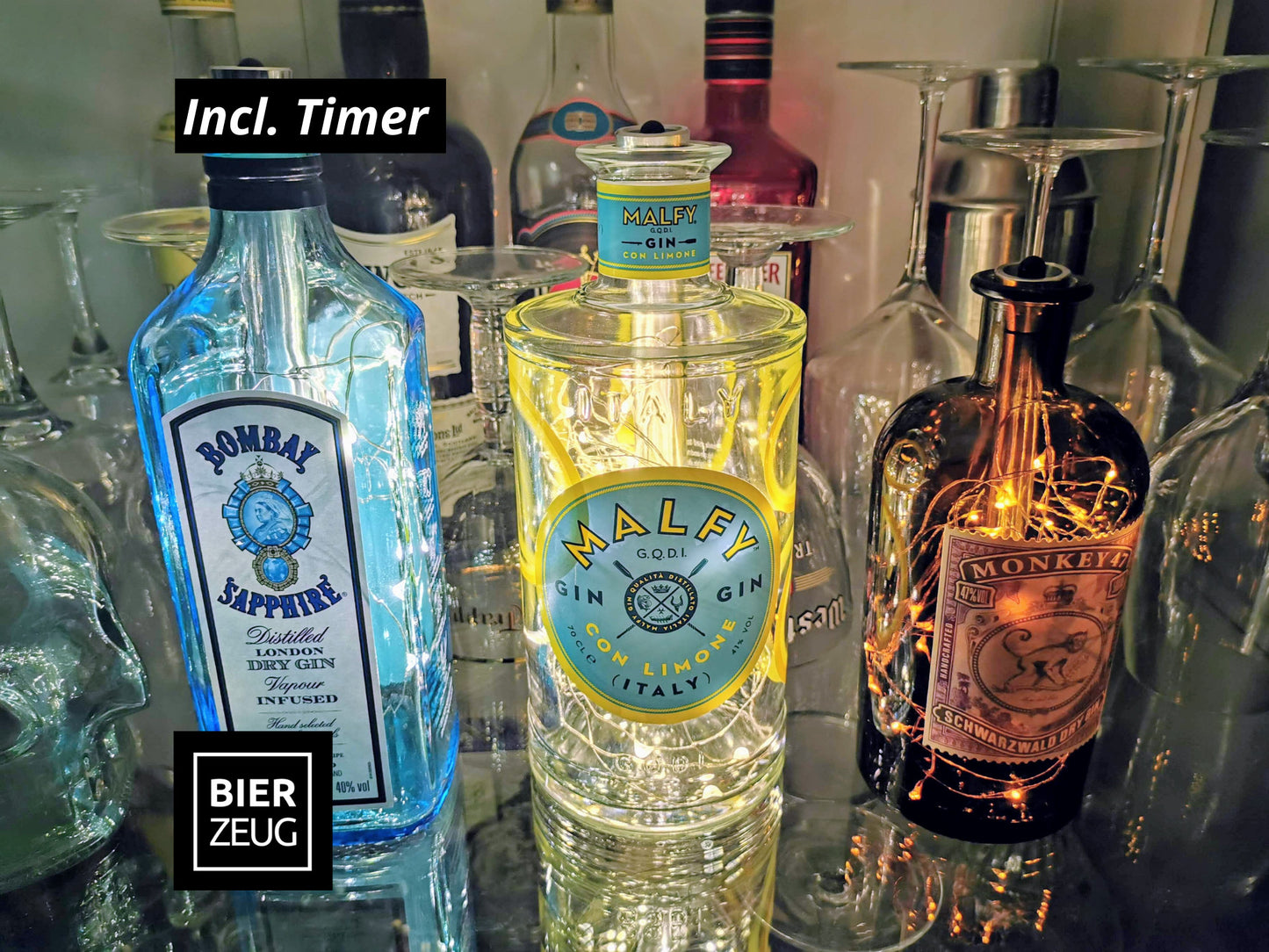 Gin-Glow LED-Flaschenlampe | Magische Upcycling Gin-Flaschen mit LED-Licht & Timer | Stimmungsvolle Deko für Bar, Vitrine, Wohnzimmer