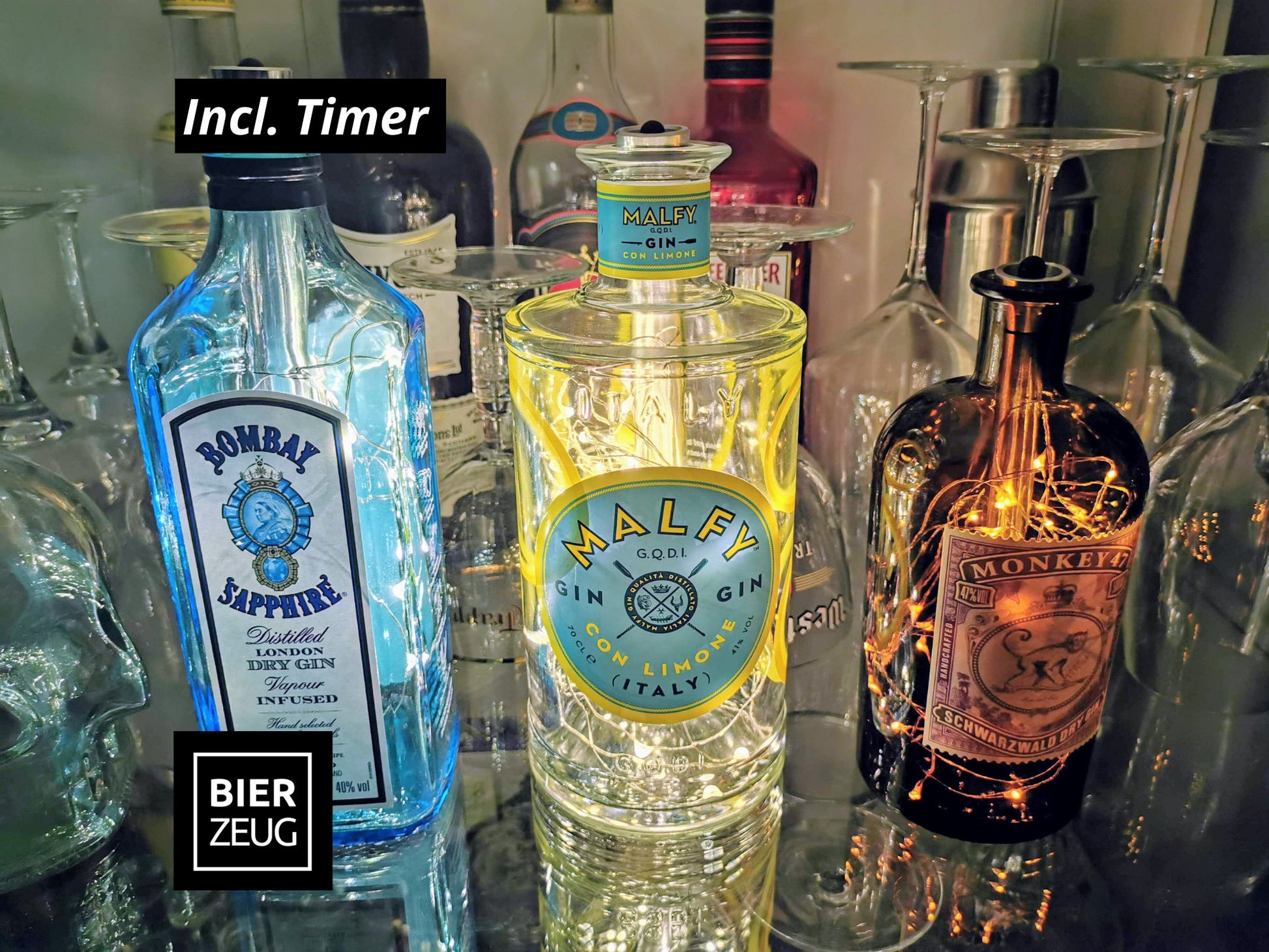 Gin-Glow LED-Flaschenlampe | Magische Upcycling Gin-Flaschen mit LED-Licht & Timer | Stimmungsvolle Deko für Bar, Vitrine, Wohnzimmer