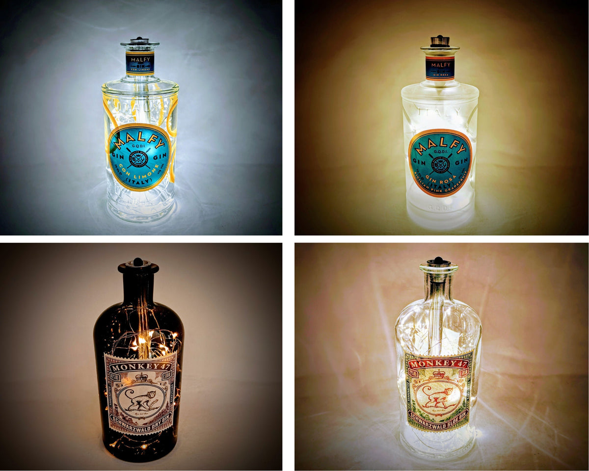 Gin-Glow - Die Magischen LED-Flaschen | Upcycling Gin-Flaschen mit LED-Licht | LED-Flaschen-Lampen für Bar und Vitrine | Inklusive Timer