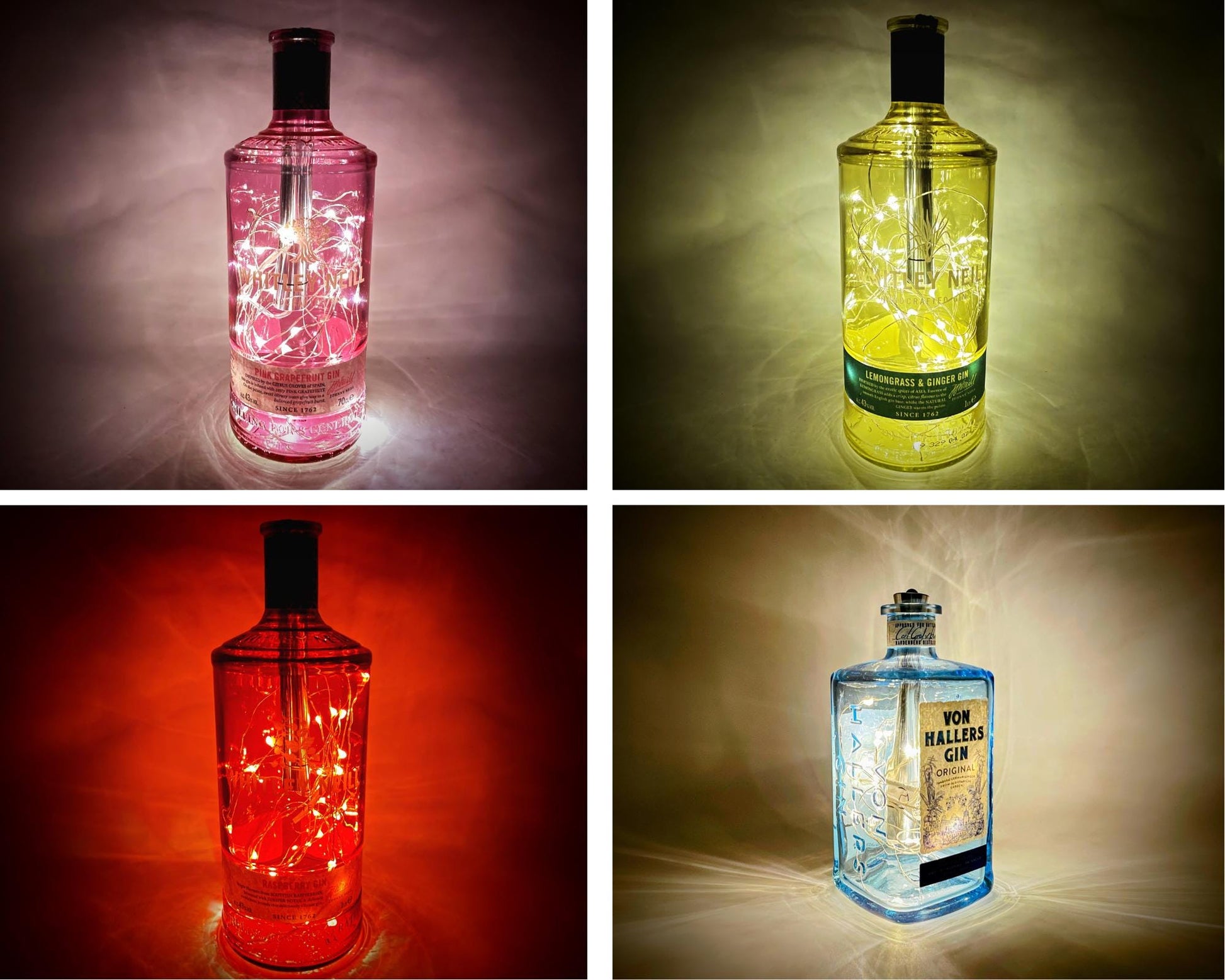 Gin-Glow LED-Flaschenlampe | Magische Upcycling Gin-Flaschen mit LED-Licht & Timer | Stimmungsvolle Deko für Bar, Vitrine, Wohnzimmer