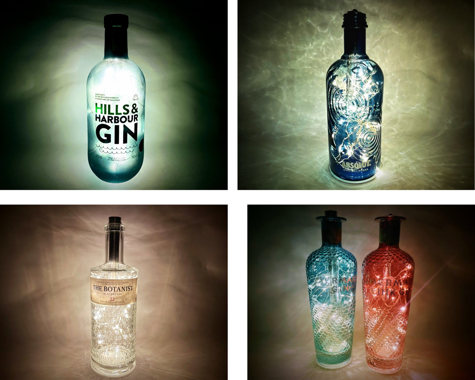 Gin-Glow LED-Flaschenlampe | Magische Upcycling Gin-Flaschen mit LED-Licht & Timer | Stimmungsvolle Deko für Bar, Vitrine, Wohnzimmer