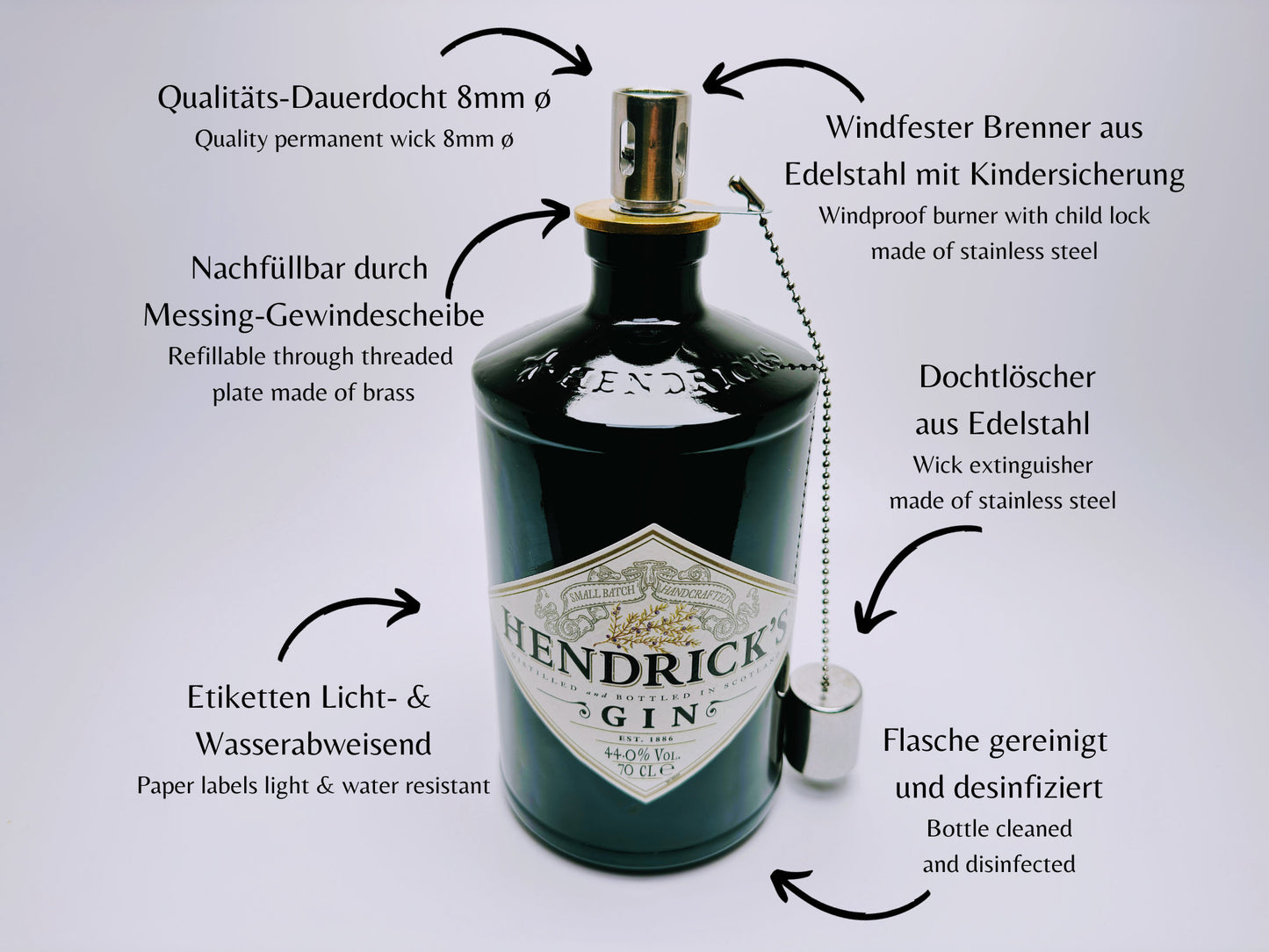 Gin Öllampe – Handgemachte Upcycling-Lampe aus Ginflasche | Windlicht für Balkon & Garten | Geschenk für Gin-Liebhaber | Outdoor Deko