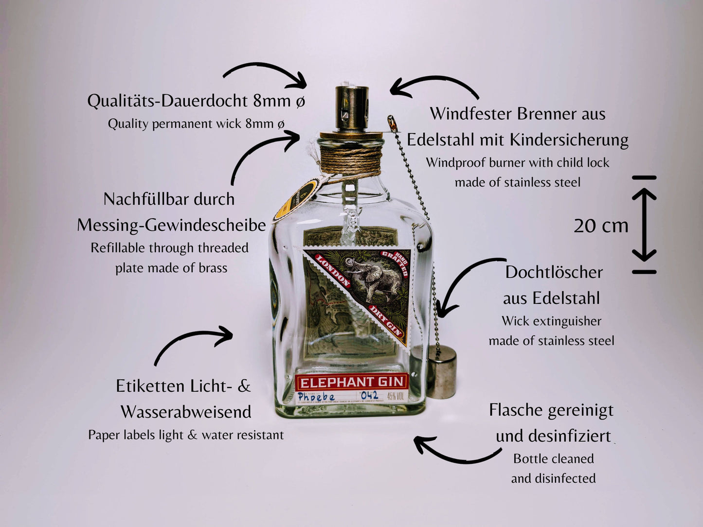 Gin Öllampe “Elephant“ | Handgemachte Öllampe aus Elephant Gin Flaschen | Upcycling | Handgemacht | Individuell | Geschenk | Deko | H:20cm