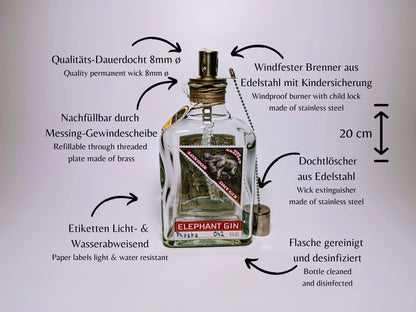 Gin Öllampe “Elephant“ | Handgemachte Öllampe aus Elephant Gin Flaschen | Upcycling | Handgemacht | Individuell | Geschenk | Deko | H:20cm