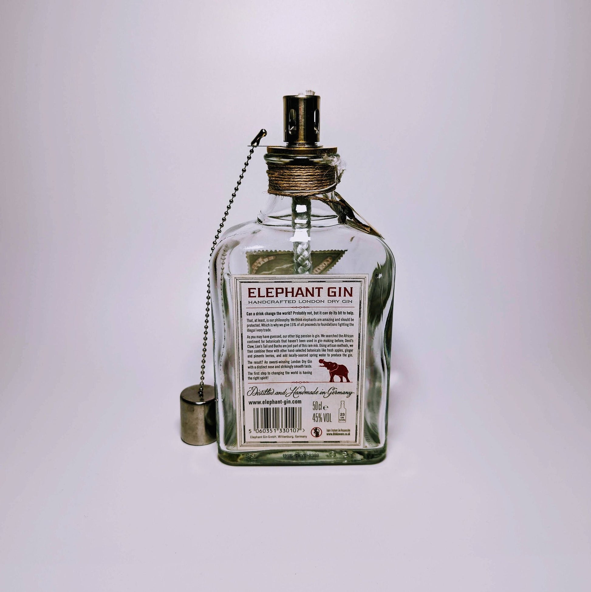 Gin Öllampe “Elephant“ | Handgemachte Öllampe aus Elephant Gin Flaschen | Upcycling | Handgemacht | Individuell | Geschenk | Deko | H:20cm