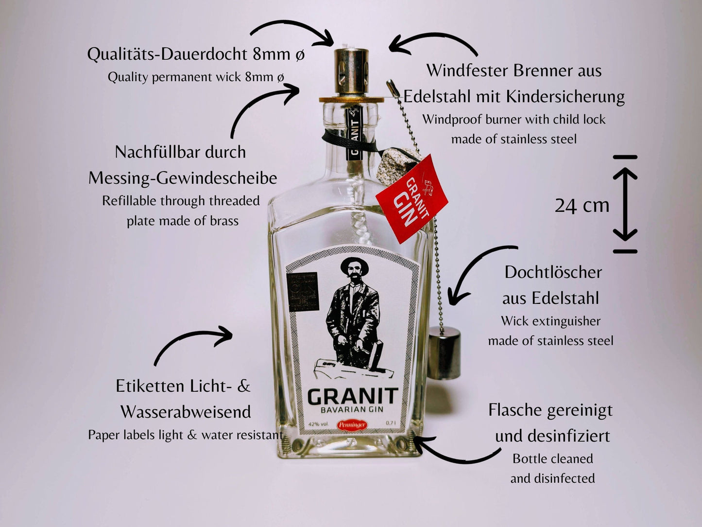 Gin Öllampe “Granit“ | Handgemachte Öllampe aus Granit Gin Flaschen | Upcycling | Handgefertigt | Individuell | Geschenk | Deko | H:24cm