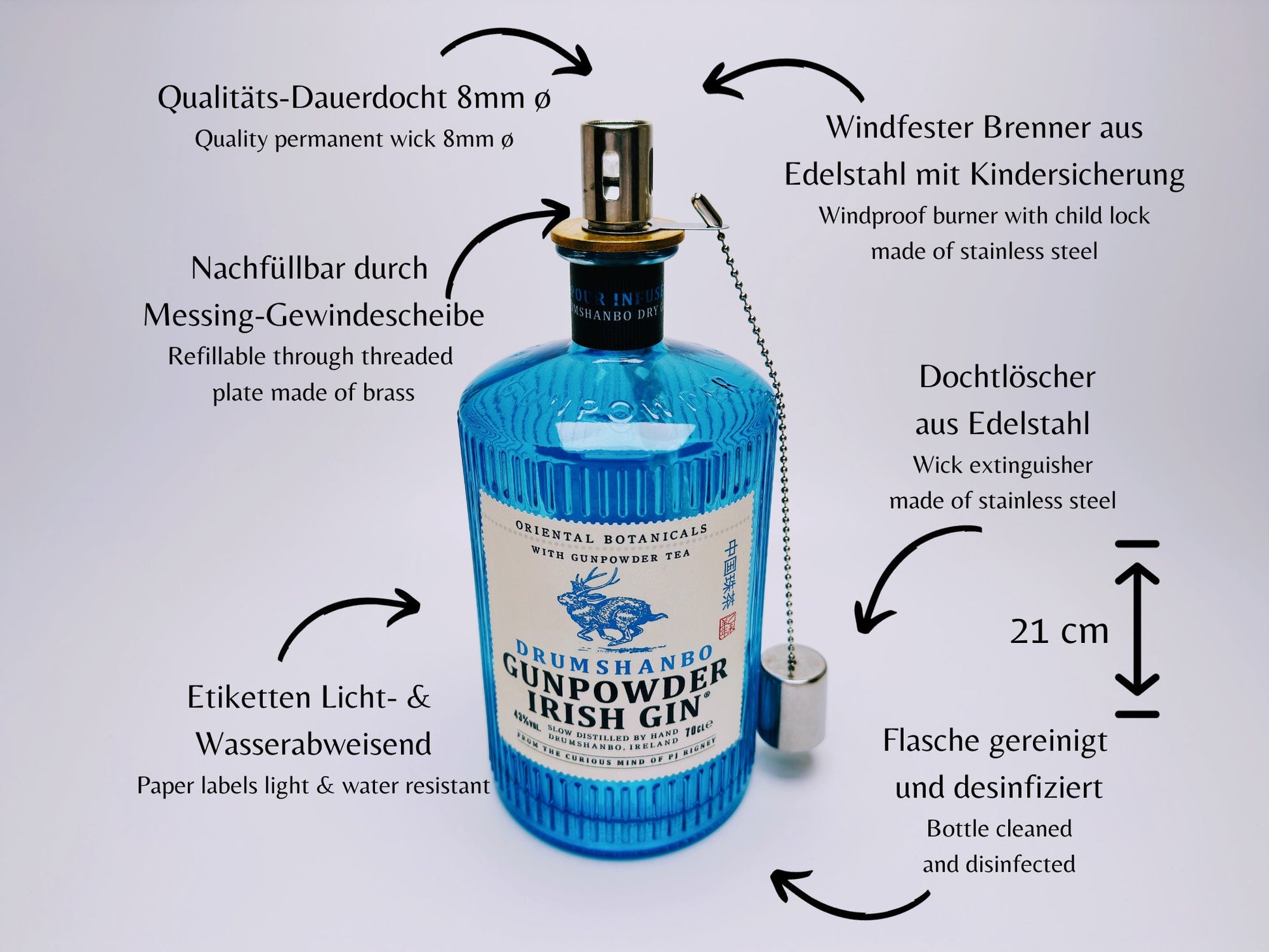 Gin Öllampe “Gunpowder“ | Handgemachte Öllampe aus Gunpowder Gin Flaschen | Upcycling | Handgefertigt | Individuell | Geschenk | Deko | H:20