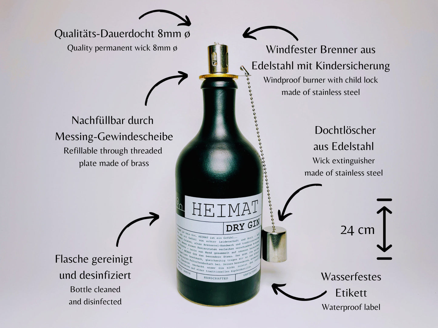Gin Öllampe “Heimat“ | Handgemachte Öllampe aus Heimat Gin Flaschen | Upcycling | Handgemacht | Individuell | Geschenk | Deko Balkon Garten