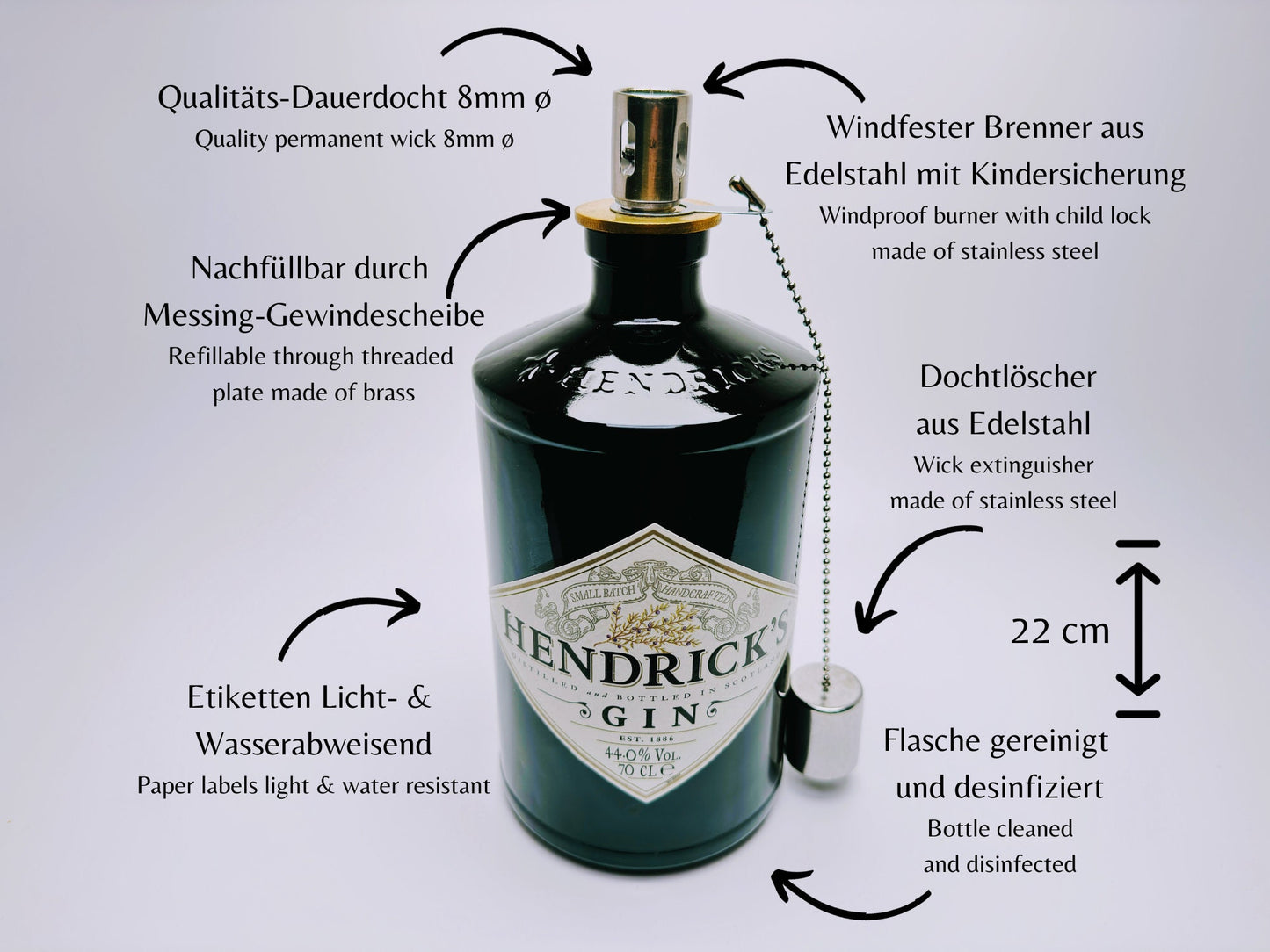 Gin Öllampe “Hendricks“ | Handgefertigte Öllampe aus Hendricks Gin Flaschen | Upcycling Deko | Einzigartiges Geschenk für Gin-Liebhaber