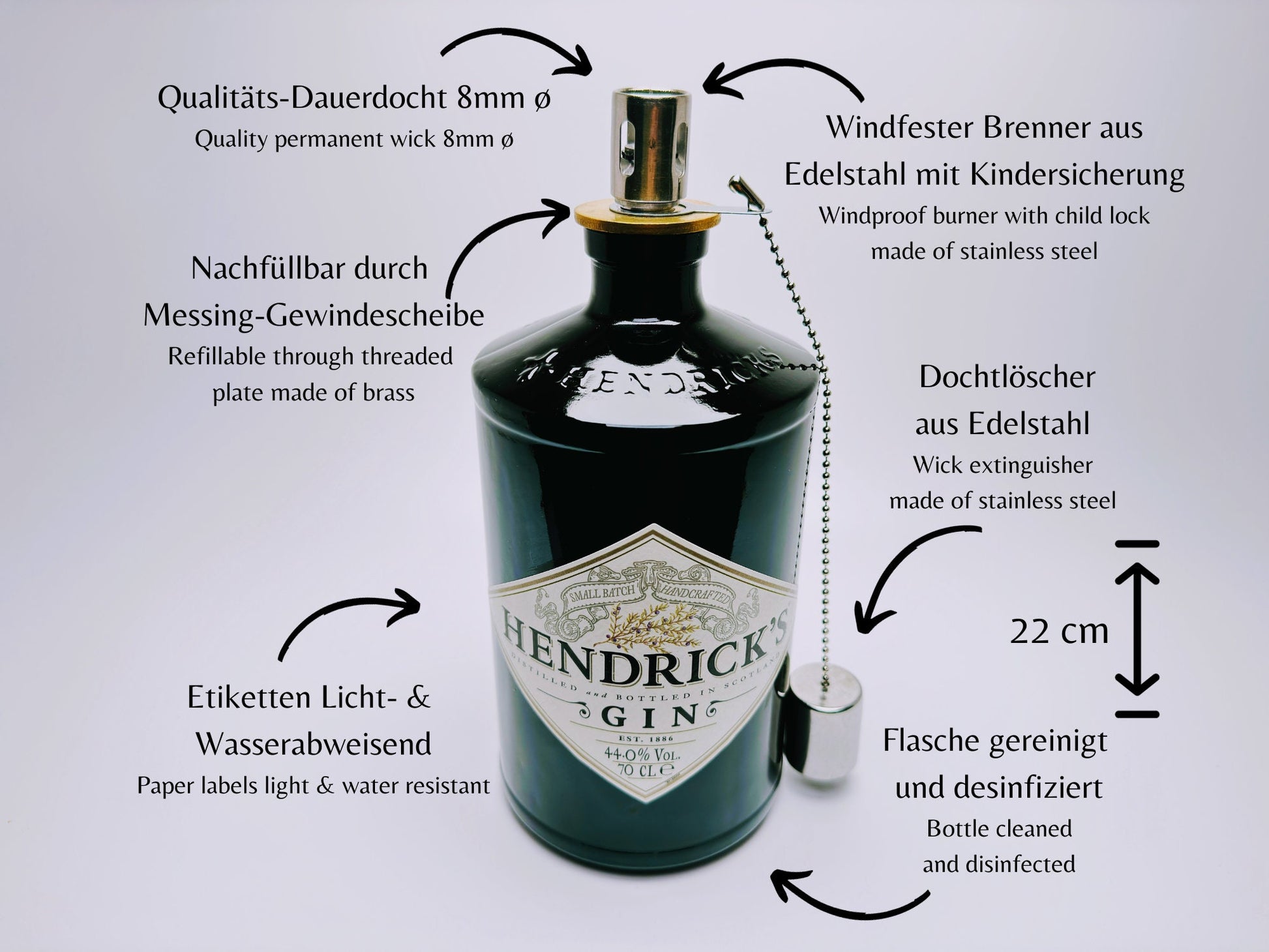 Gin Öllampe “Hendricks“ | Handgefertigte Öllampe aus Hendricks Gin Flaschen | Upcycling Deko | Einzigartiges Geschenk für Gin-Liebhaber