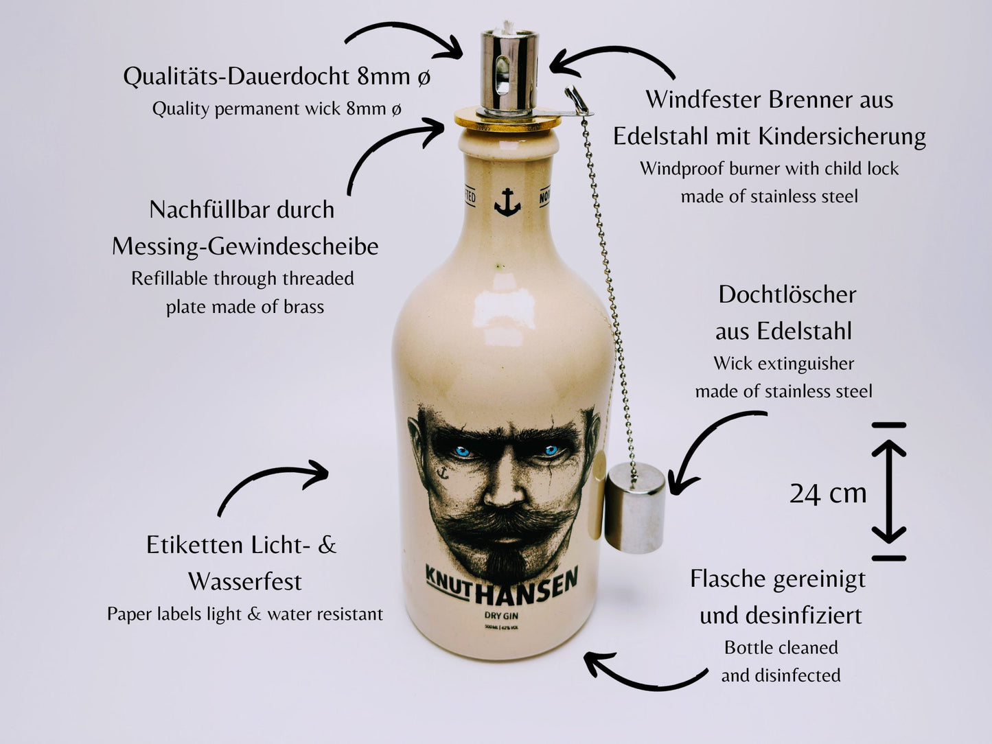 Gin Öllampe “Knut Hansen“ | Handgemachte Öllampe aus Knut Hansen Flaschen | Upcycling | Handgefertigt | Individuell | Geschenk | Deko