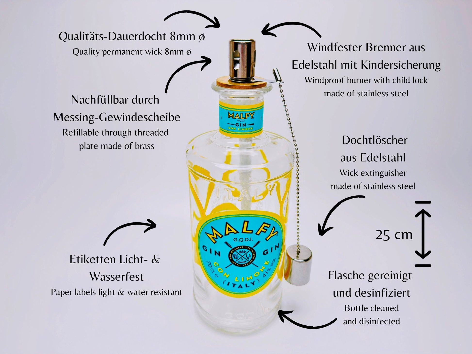 Gin Öllampe “Malfy“ | Handgemachte Öllampe aus Malfy Gin Flaschen | Upcycling | Handgefertigt | Individuell | Geschenk | Deko | H:25cm, 0,7l