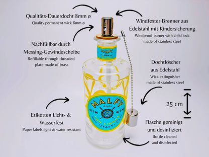 Gin Öllampe “Malfy“ | Handgemachte Öllampe aus Malfy Gin Flaschen | Upcycling | Handgefertigt | Individuell | Geschenk | Deko | H:25cm, 0,7l