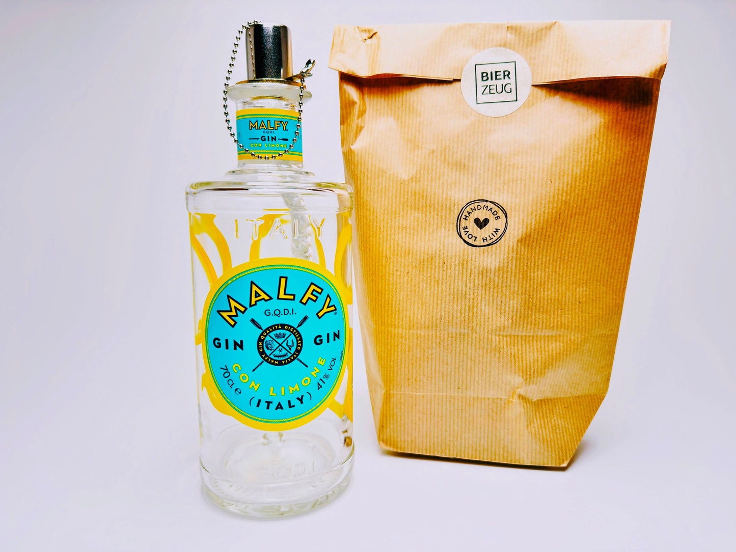 Gin Öllampe “Malfy“ | Handgemachte Öllampe aus Malfy Gin Flaschen | Upcycling | Handgefertigt | Individuell | Geschenk | Deko | H:25cm, 0,7l