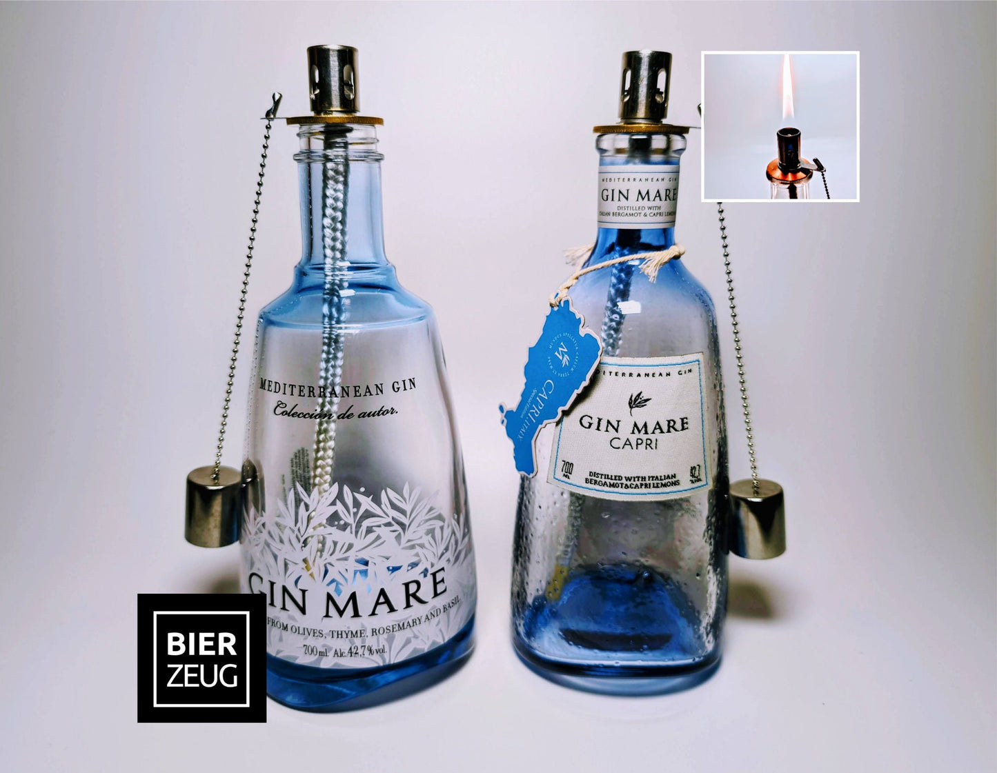 Gin Öllampe “Mare“ | Handgefertigte Upcycling Öllampe aus Gin Mare Flasche | Perfekte Deko für Garten & Balkon | Geschenk für Gin Liebhaber