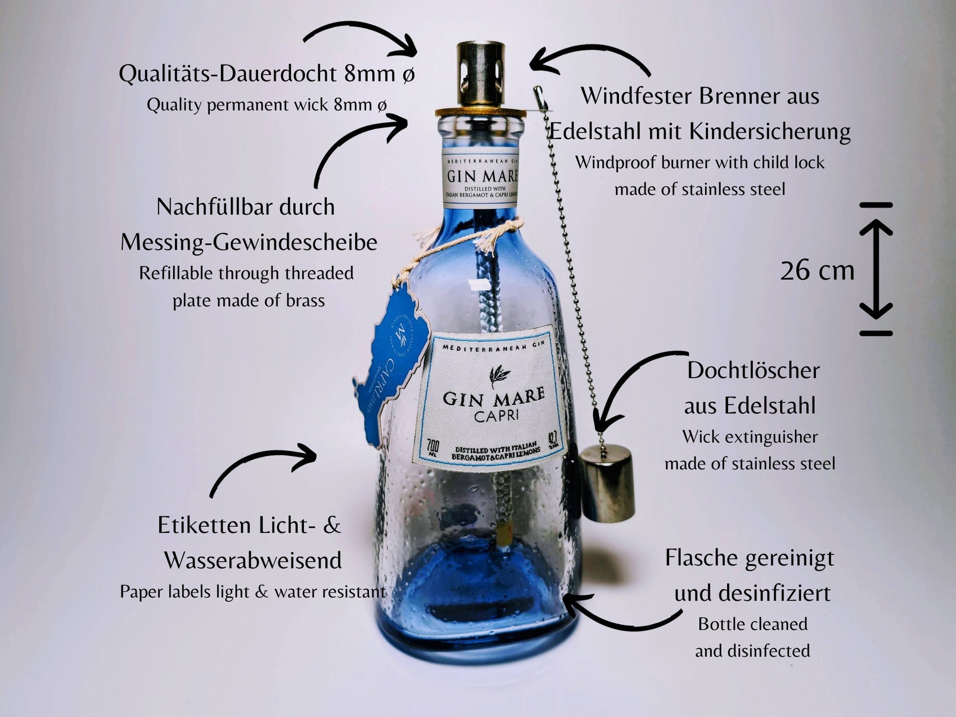 Gin Öllampe “Mare“ | Handgefertigte Upcycling Öllampe aus Gin Mare Flasche | Perfekte Deko für Garten & Balkon | Geschenk für Gin Liebhaber