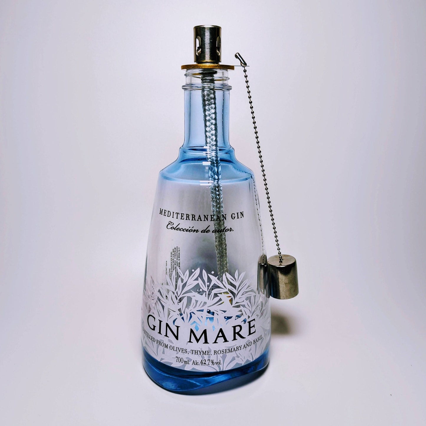 Gin Öllampe “Mare“ | Handgefertigte Upcycling Öllampe aus Gin Mare Flasche | Perfekte Deko für Garten & Balkon | Geschenk für Gin Liebhaber