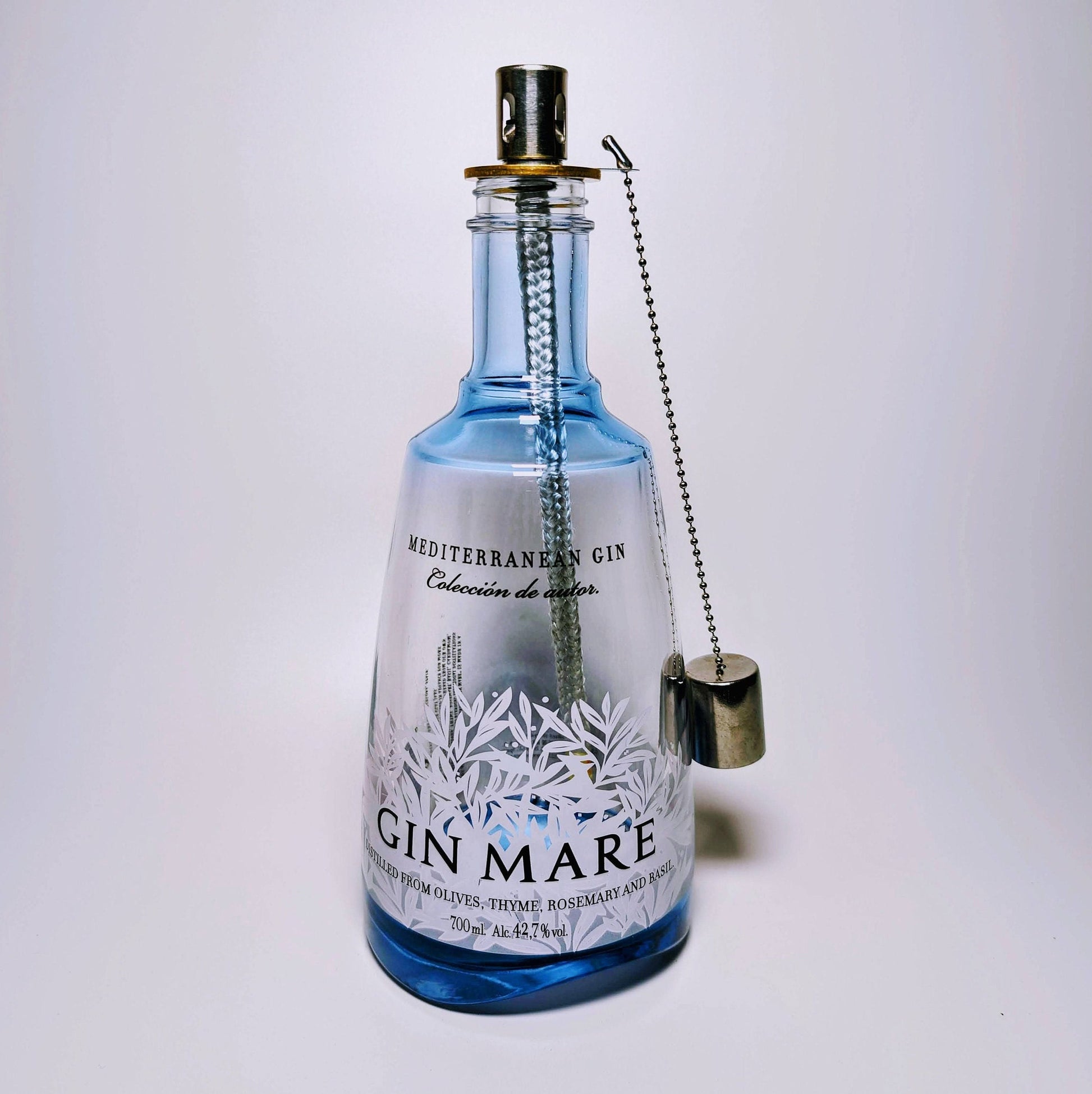 Gin Öllampe “Mare“ | Handgefertigte Upcycling Öllampe aus Gin Mare Flasche | Perfekte Deko für Garten & Balkon | Geschenk für Gin Liebhaber