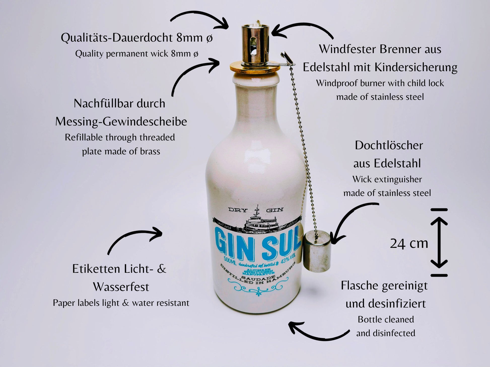 Gin Öllampe “Sul“ | Handgemachte Öllampe aus Gin Sul Flaschen | Upcycling | Handgefertigt | Individuell | Geschenk | Hamburg | Deko | H:24cm