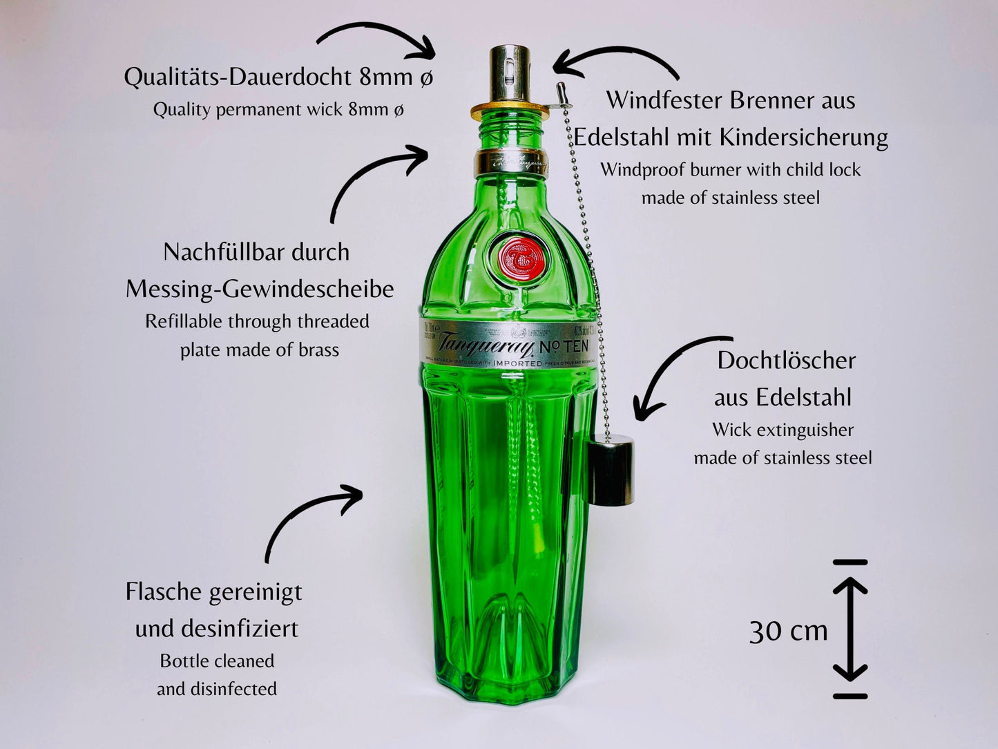 Gin Öllampe “Tanqueray“ | Handgemachte Öllampe aus Tanqueray Gin Flaschen | Upcycling | Handgemacht | Individuell | Geschenk | Deko | H:30cm
