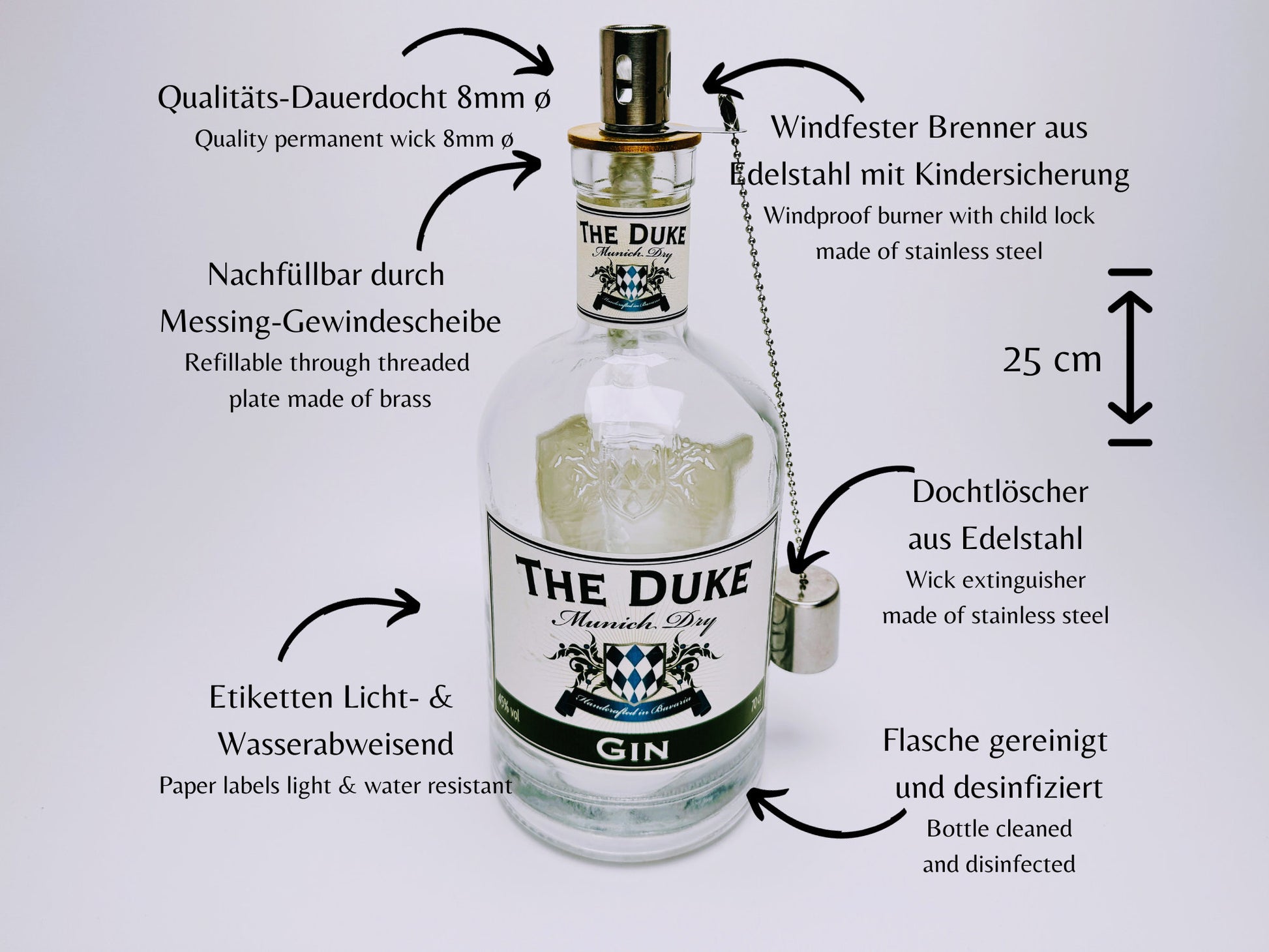 Gin Öllampe “The Duke“ | Handgemachte Öllampe aus The Duke Gin Flaschen | Upcycling | Handgemacht | Individuell | Geschenk | Deko | H:25cm